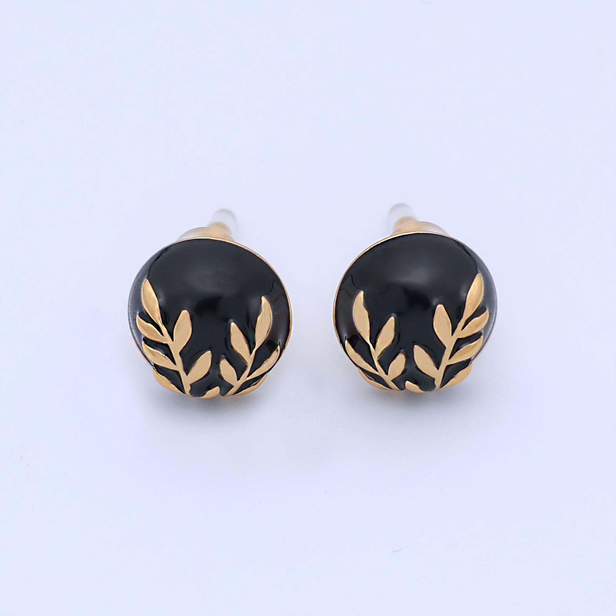 24K Gold Plated Black, White Leaf Round Stud Earrings in Gold & Silver | AB1044 AB1051 AB1058 AB1073