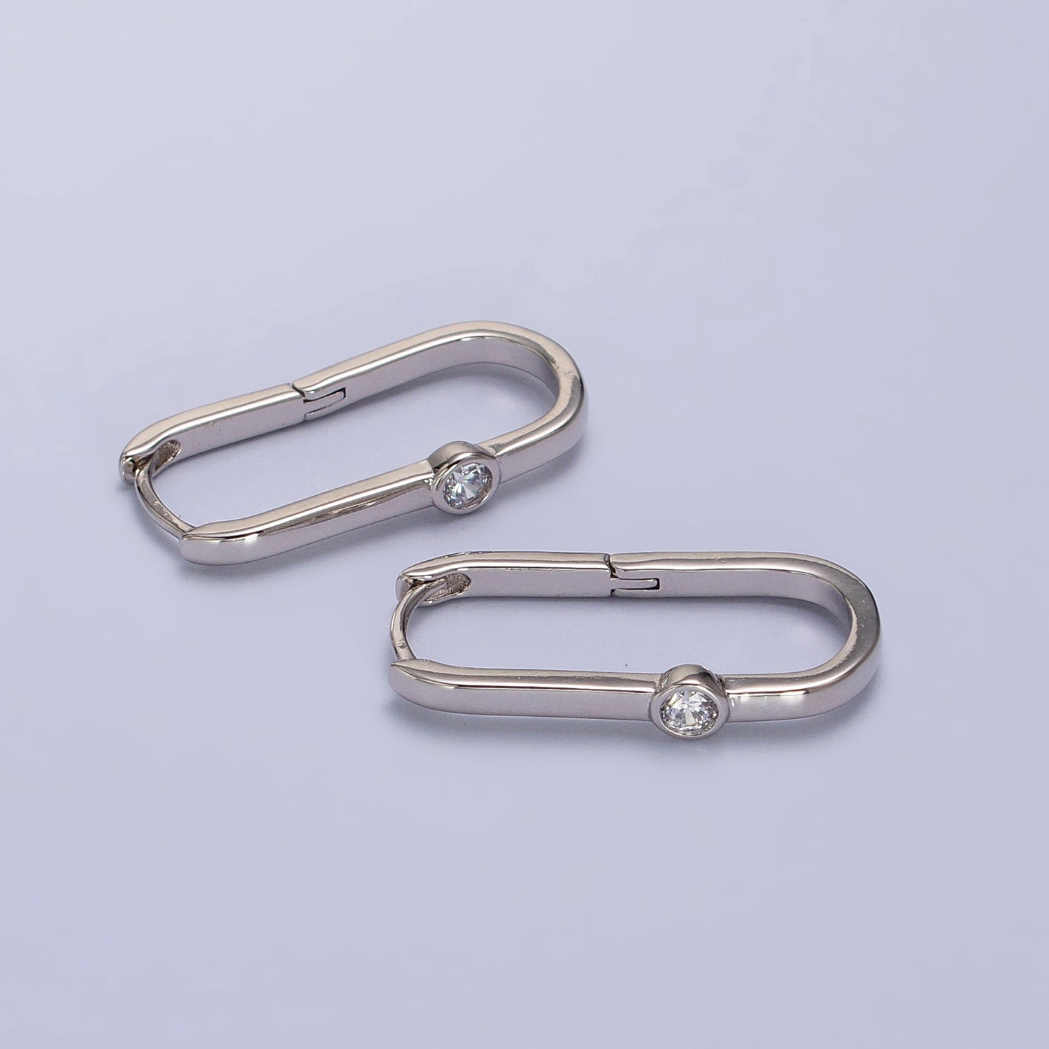 Minimalist White Gold Filled Oblong Earring Silver Hoop Earring with CZ Stone Minimalist Jewelry AB-1053 - DLUXCA