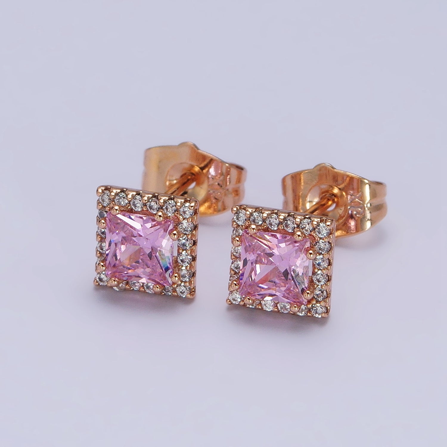 18K Gold Filled Wedding Earrings Rhombus Micro Pave Clear Pink cubic zirconia Studs Earrings AB1067 AB1068 - DLUXCA