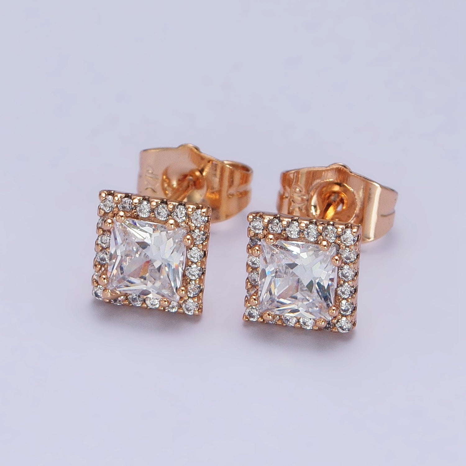 18K Gold Filled Wedding Earrings Rhombus Micro Pave Clear Pink cubic zirconia Studs Earrings AB1067 AB1068 - DLUXCA