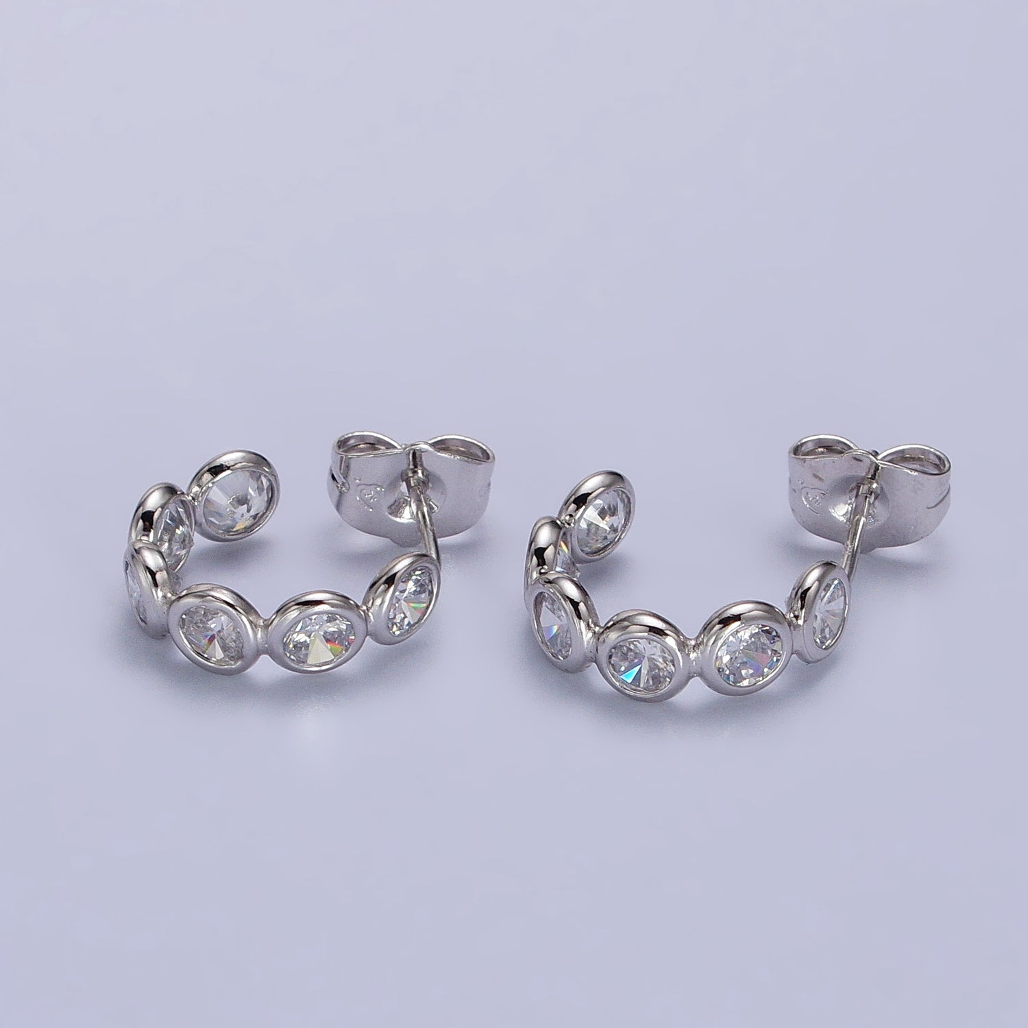 Rhodium Plated Clear CZ Round Lined C-Shaped Hoop Silver Earrings | AB1074