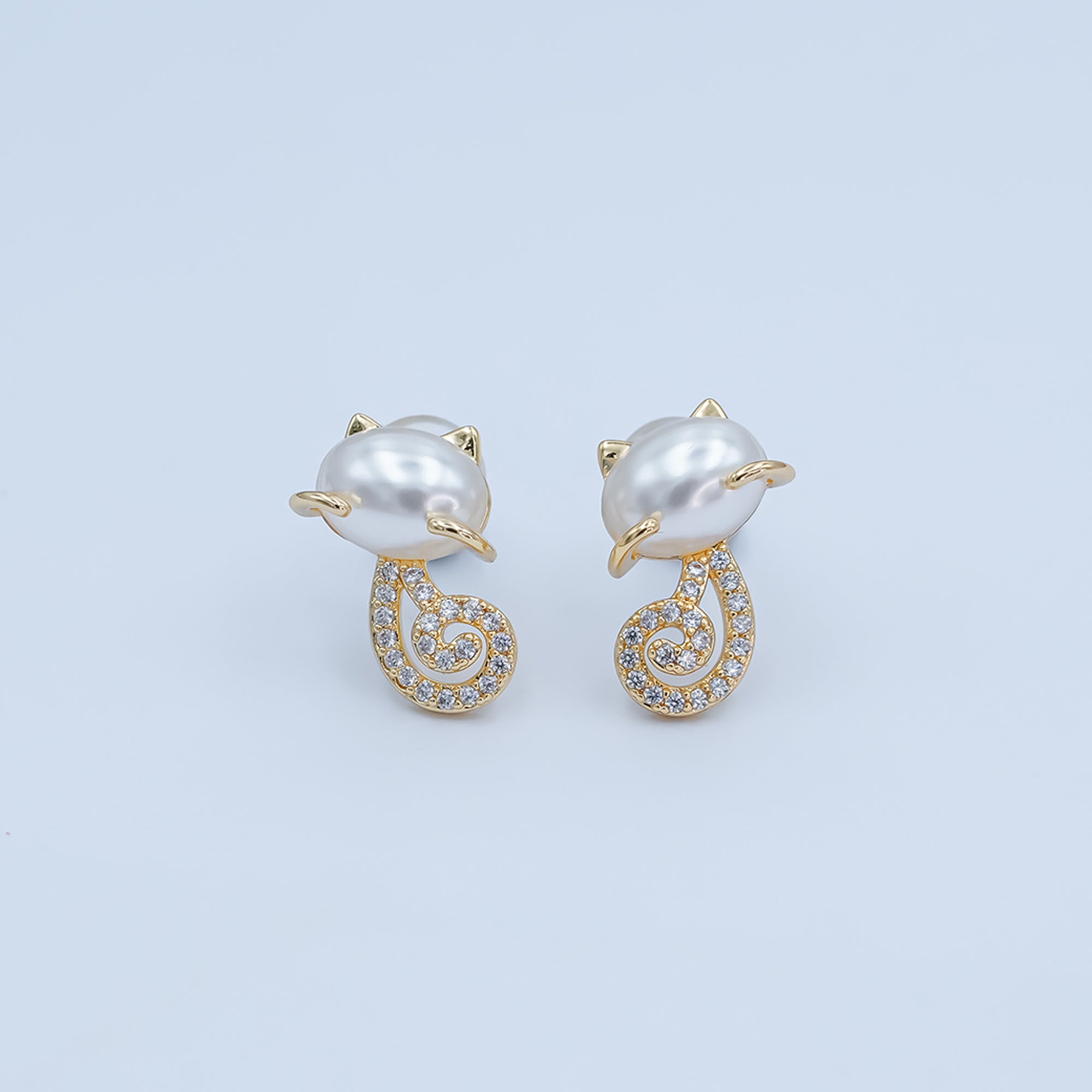 24K Gold Plated Shell Pearl Micro Paved CZ Kitten Cat Stud Earrings in Gold & Silver | AB1085 AB1090