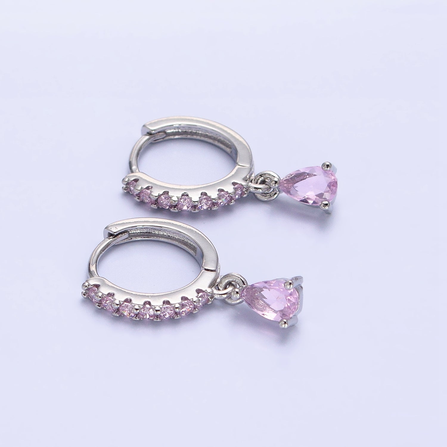 Silver, Gold Pink Teardrop Micro Paved CZ Drop Dangle Huggie Earrings | AB1099 AD786
