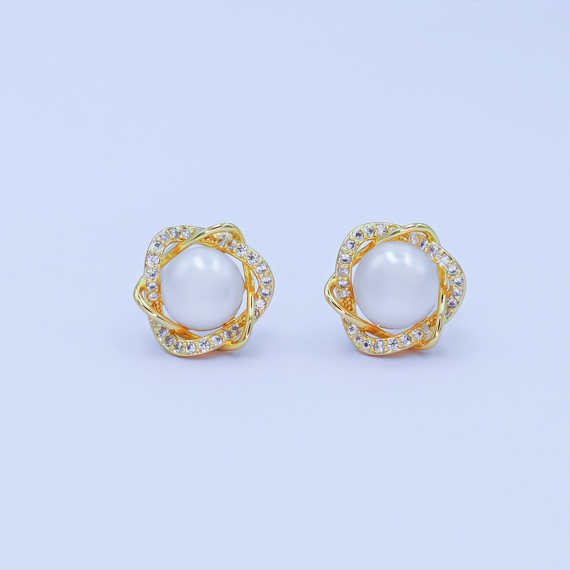 24K Gold Filled Shell Pearl Wave Micro Paved Stud Earrings | AB1103