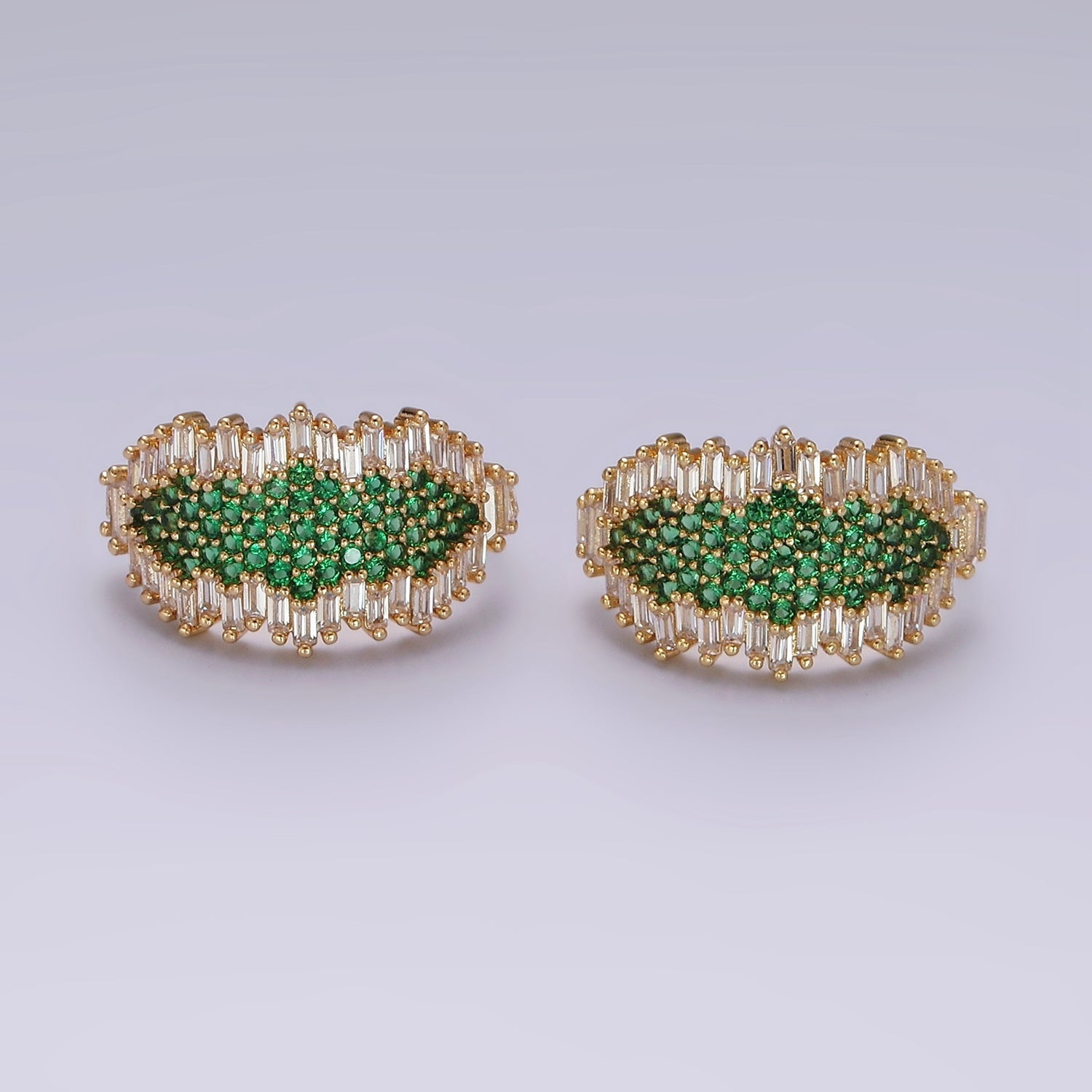 16K Gold Filled Green Micro Paved CZ Baguette Abstract C-Shaped Hoop Earrings | AB1109