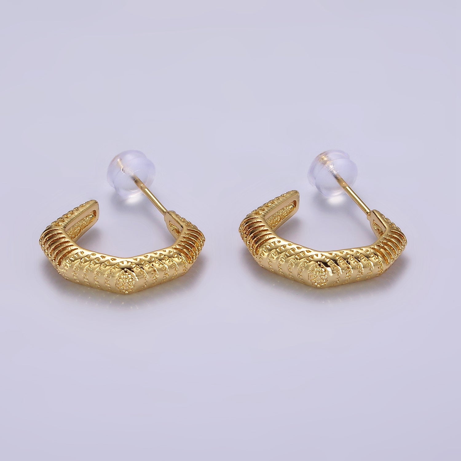 14K Gold Filled 18mm Open Textured Geometric C-Shaped Hoop Earrings | AB1117