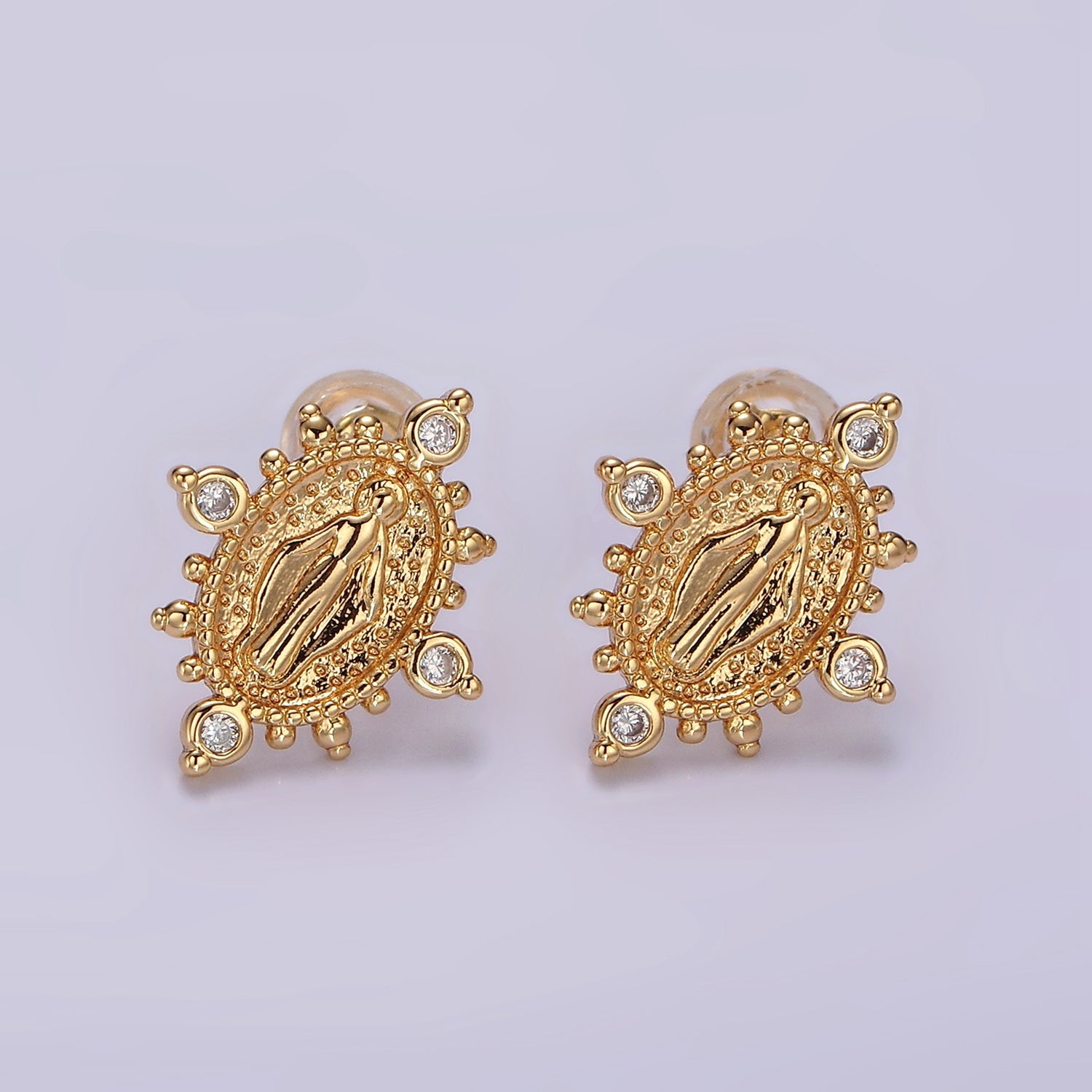 16K Gold Filled Mary Guadalupe Religious CZ Dotted Oval Stud Earrings | AB1118 - DLUXCA