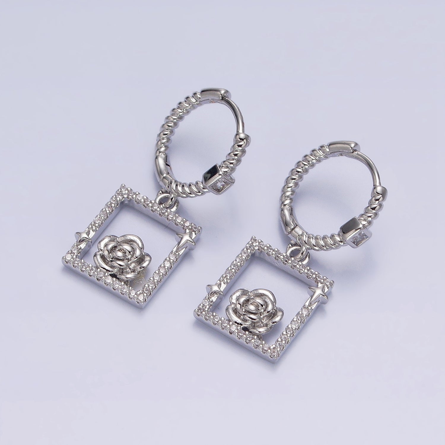 16K Gold Filled Rose Star Open Micro Paved Drop Twisted Square CZ Huggie Earrings in Gold & Silver | AB1415 AB1416 - DLUXCA