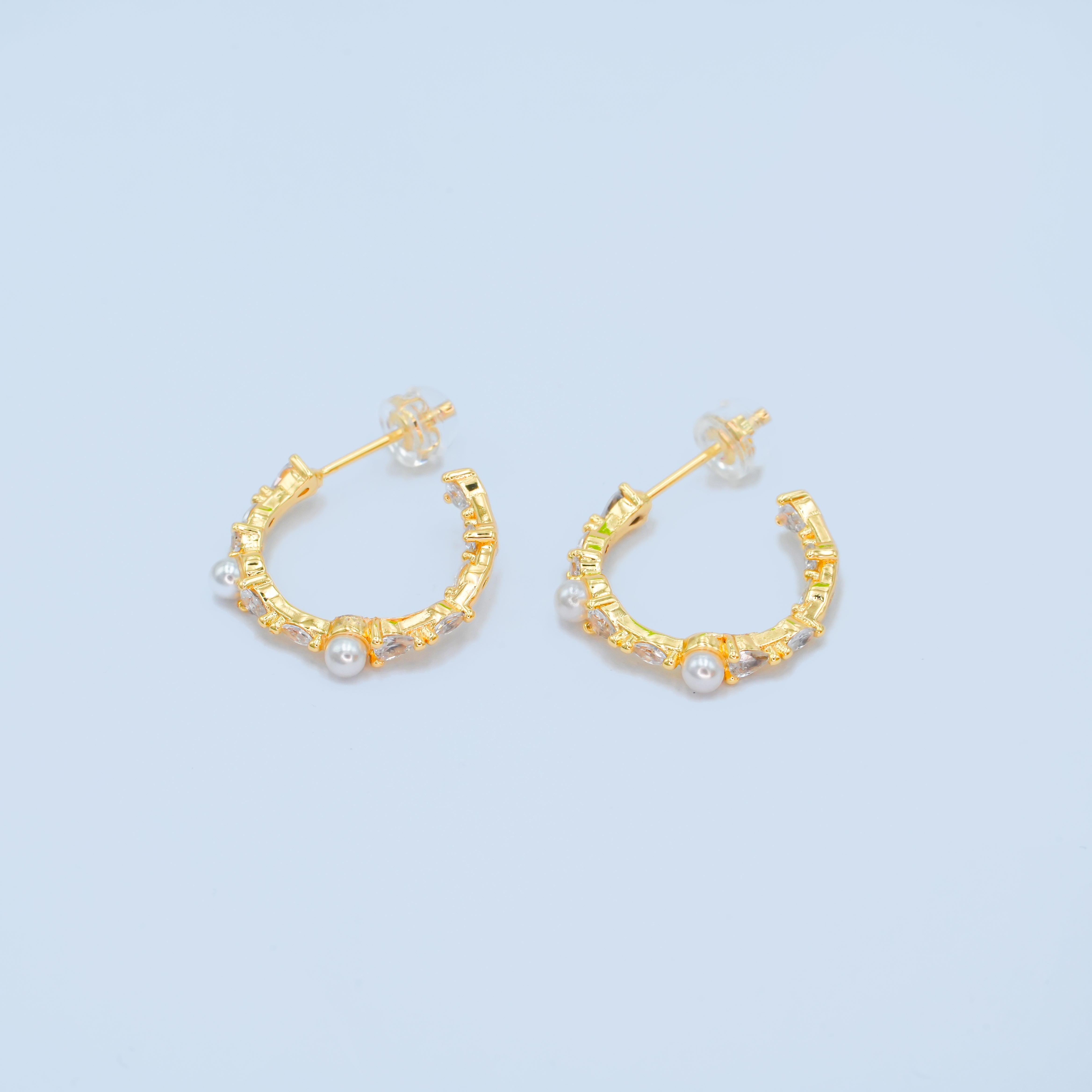 24K Gold Filled CZ Shell Pearl C-Shape Earrings in Gold & Silver | AB1467 AB1468
