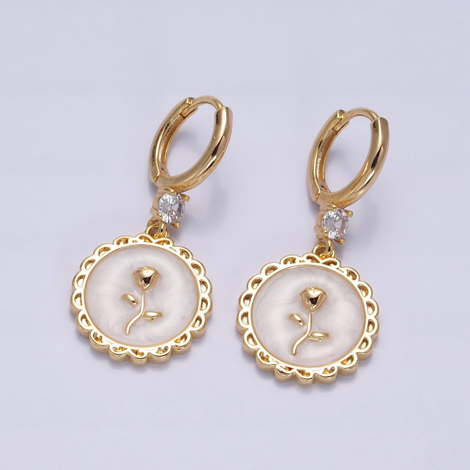 16K Gold Filled White, Pink, Blue Sparkly Enamel Rose Flower Round CZ Drop Huggie Earrings | AB1469 - AB1471 - DLUXCA