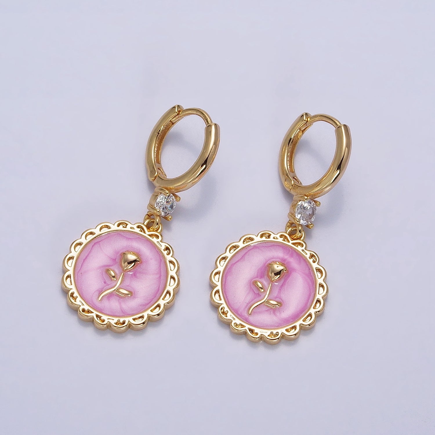 16K Gold Filled White, Pink, Blue Sparkly Enamel Rose Flower Round CZ Drop Huggie Earrings | AB1469 - AB1471