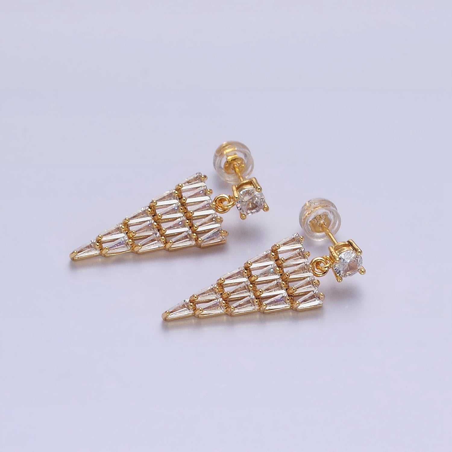 16K Gold Filled Triangle Baguette CZ Drop Stud Earrings in Gold & Silver | AB1476 AB1477