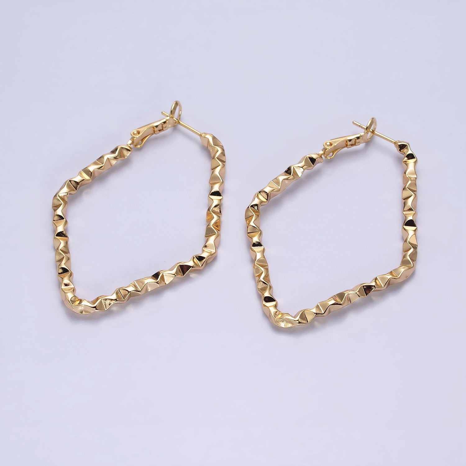 16K Gold Filled Rhombus Dented Geometric Hinge Hoop Earrings in Gold & Silver | AB1488 AB1489
