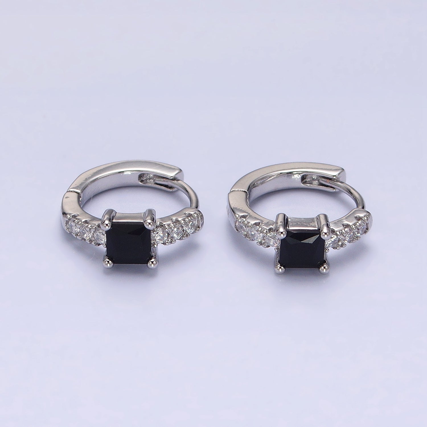 White Gold Filled Black Square CZ Clear Micro Paved Thin 12.6mm Cartilage Huggie | AB1490 - DLUXCA