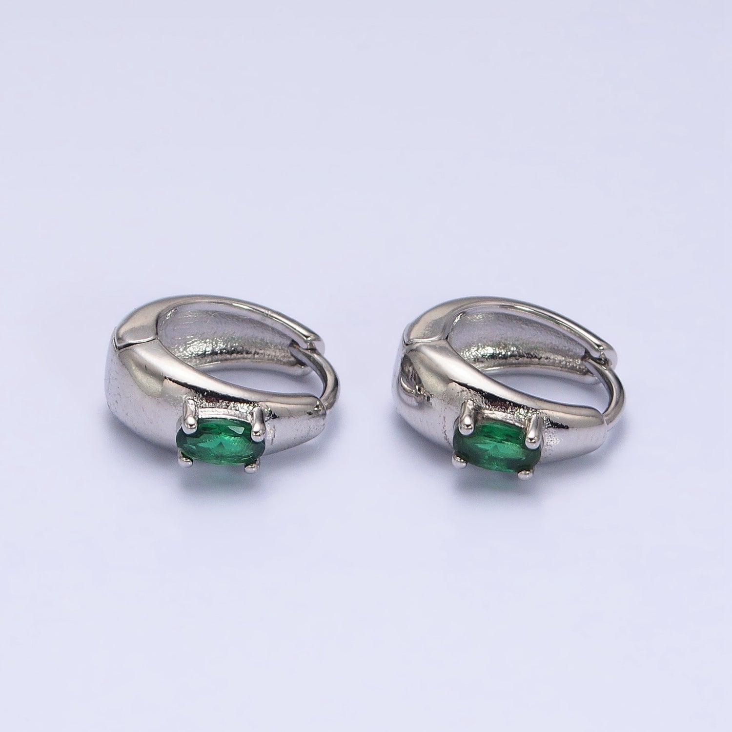 16K Gold Filled Emerald Green Oval CZ Dome 13mm Huggie Earrings in Silver & Gold | AB1501 AD1016 - DLUXCA