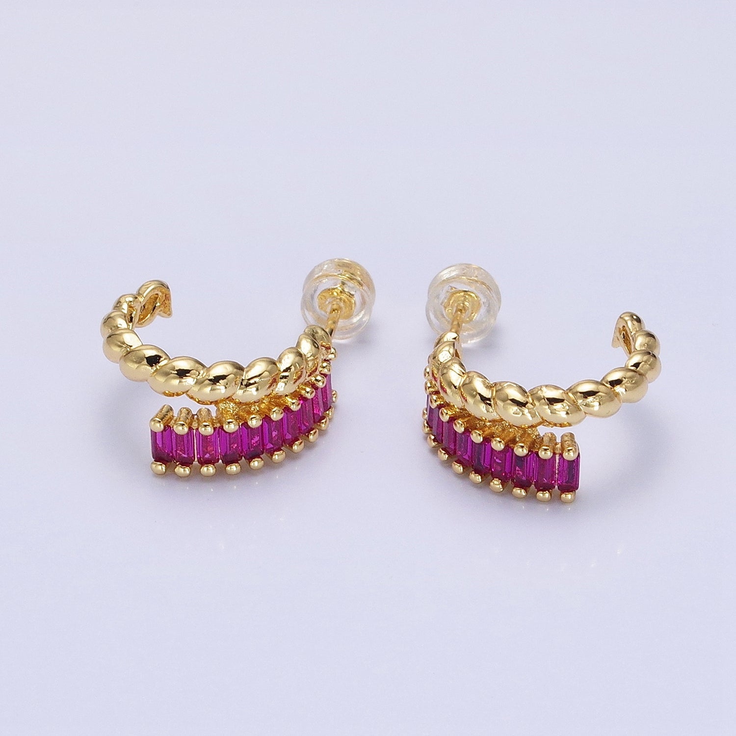 14K Gold Filled Clear, Fuchsia, Green Baguette Croissant Double Band C-Shaped Hoop Earrings in Gold & Silver | AB1508 - AB1513 - DLUXCA