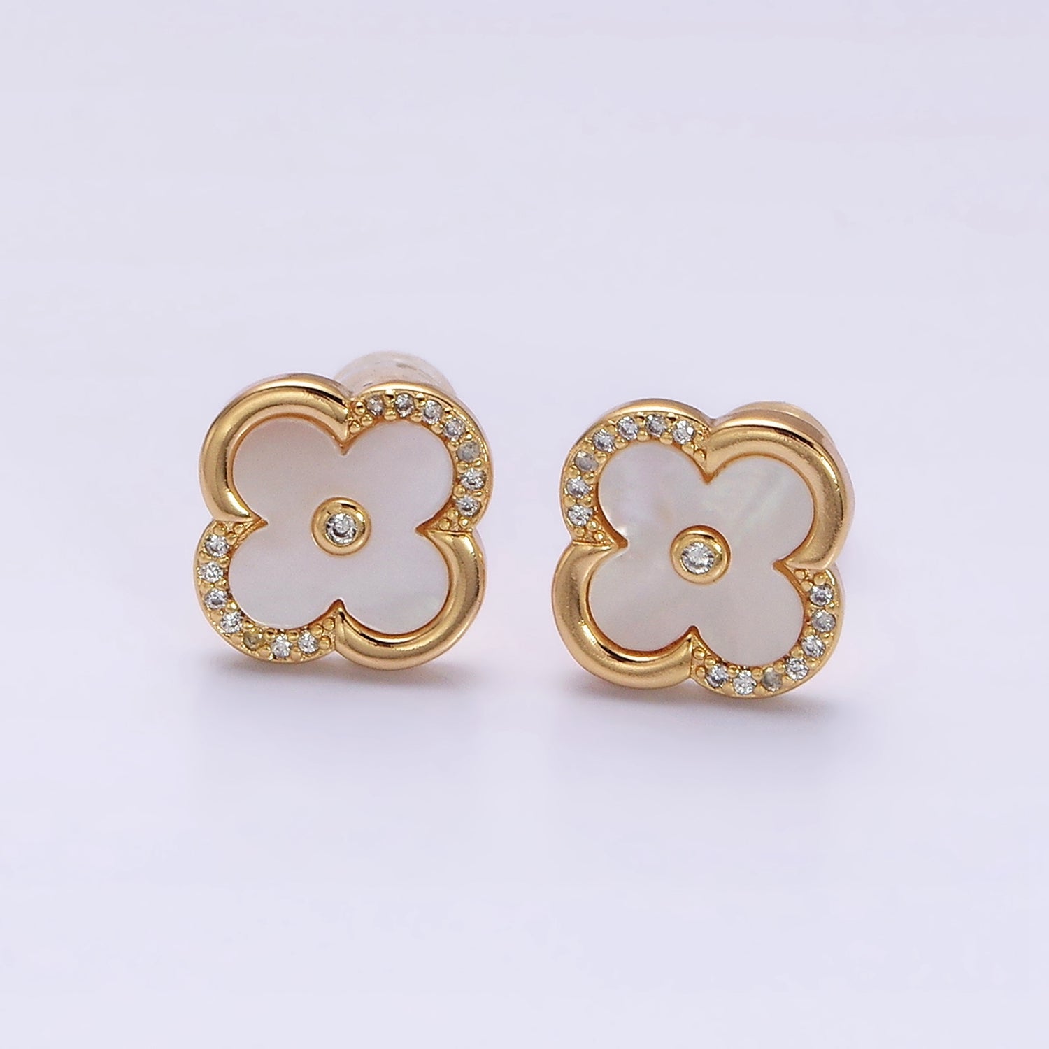16K Gold Filled 12mm Shell Pearl Quatrefoil Clover Micro Paved CZ Stud Earrings in Gold & Silver | AB1535 AB1536