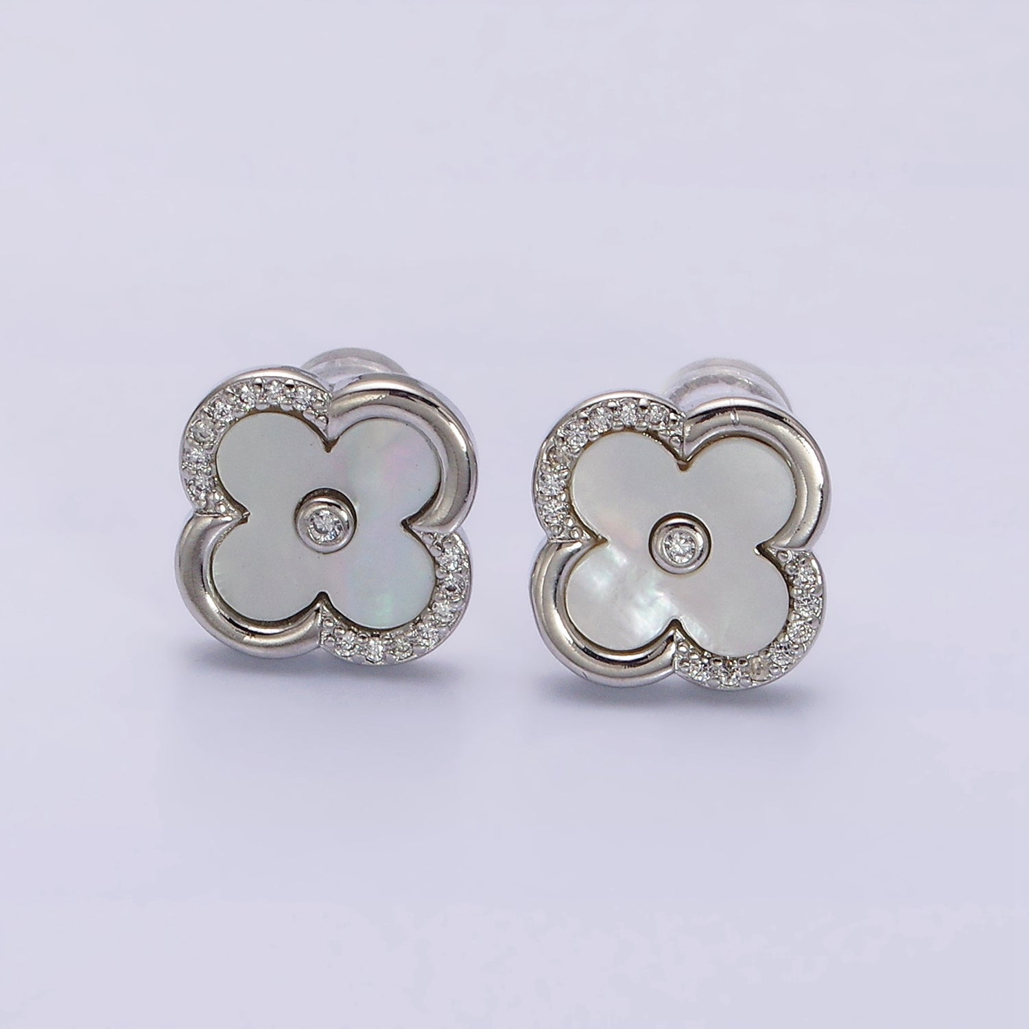 16K Gold Filled 12mm Shell Pearl Quatrefoil Clover Micro Paved CZ Stud Earrings in Gold & Silver | AB1535 AB1536