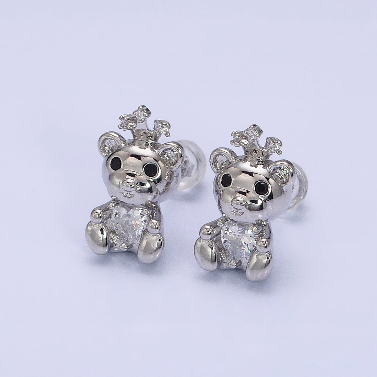 16K Gold Filled Crowned King Teddy Bear Clear CZ Heart Stud Earrings in Silver & Gold | AB1539 AD822