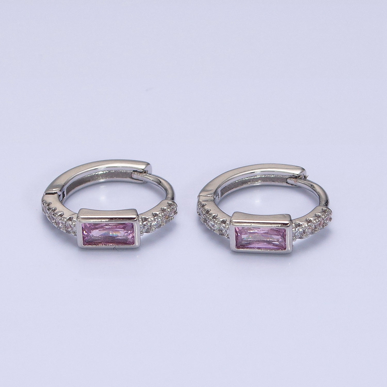 16K Gold Filled Pink Baguette Micro Paved 12.5mm Thin Cartilage Earrings in Silver & Gold | AB1545 AE772 - DLUXCA