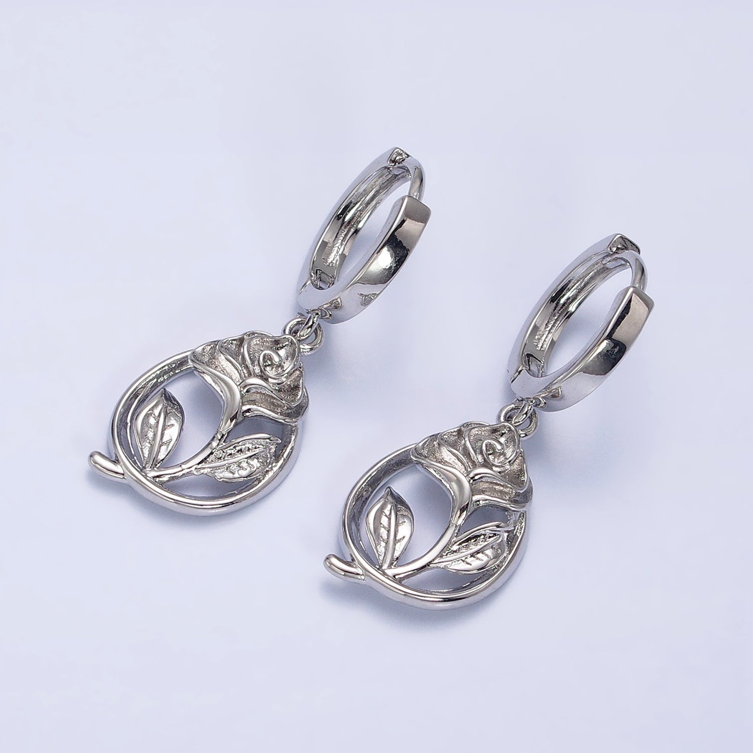 16K Gold Filled Rose Open Rose Flower Oval Drop Huggie Earrings in Silver & Gold | AB1549 AD1189