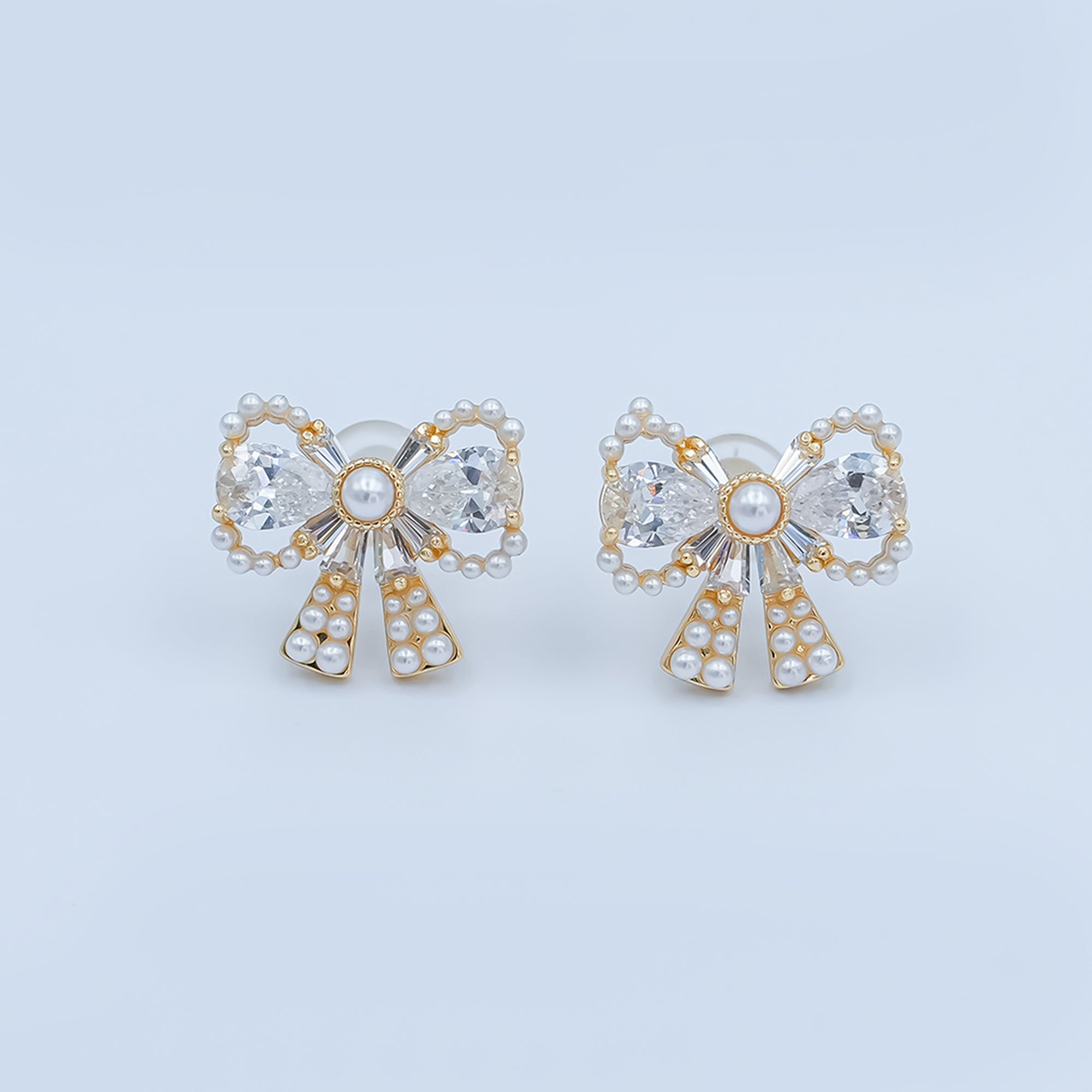 24K Gold Plated CZ Shell Pearl Ribbon Bow Stud Earrings in Gold & Silver | AB170 AB172