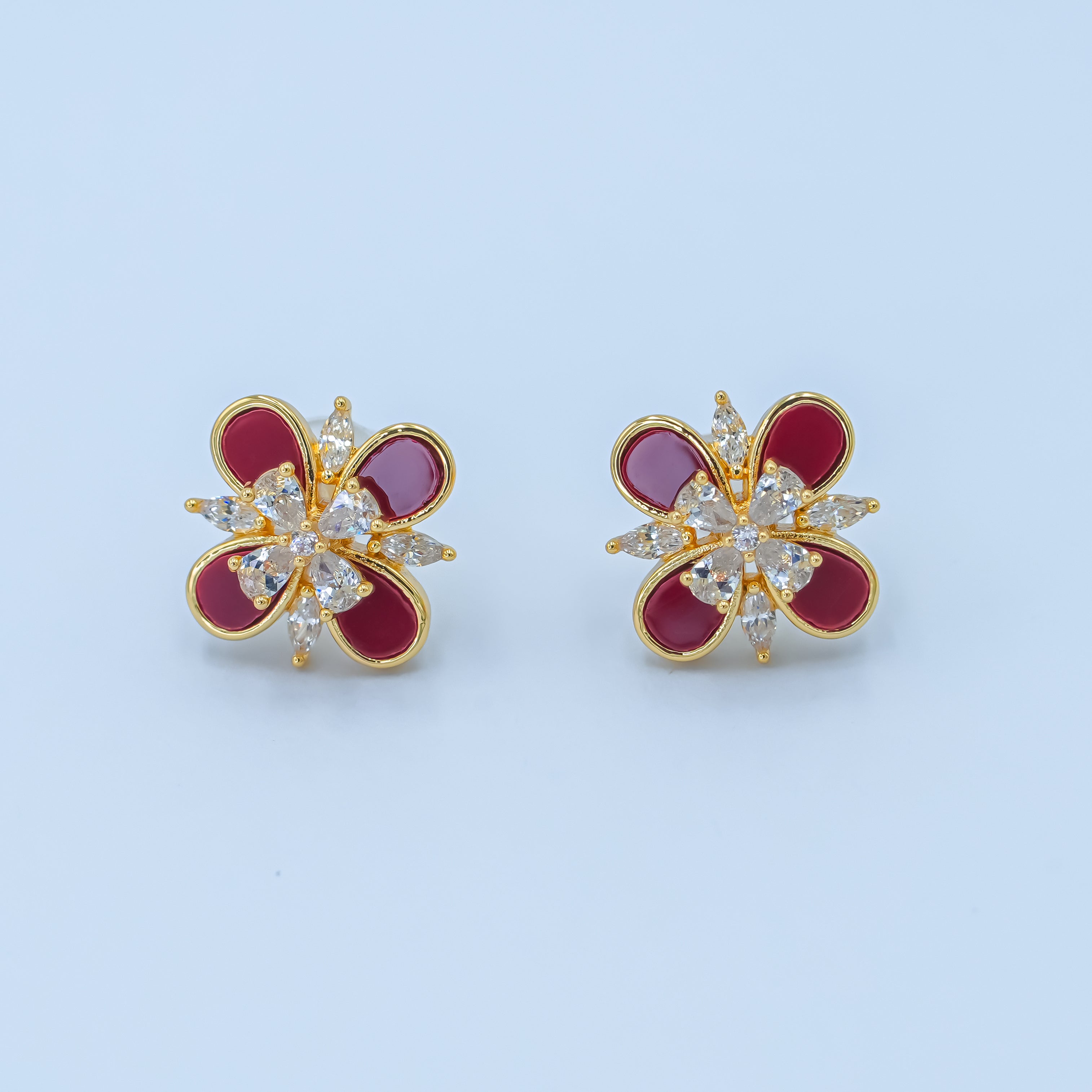 24K Gold Plated CZ Carnelian Red Flower Stud Earrings in Gold & Silver | AB177 AB178