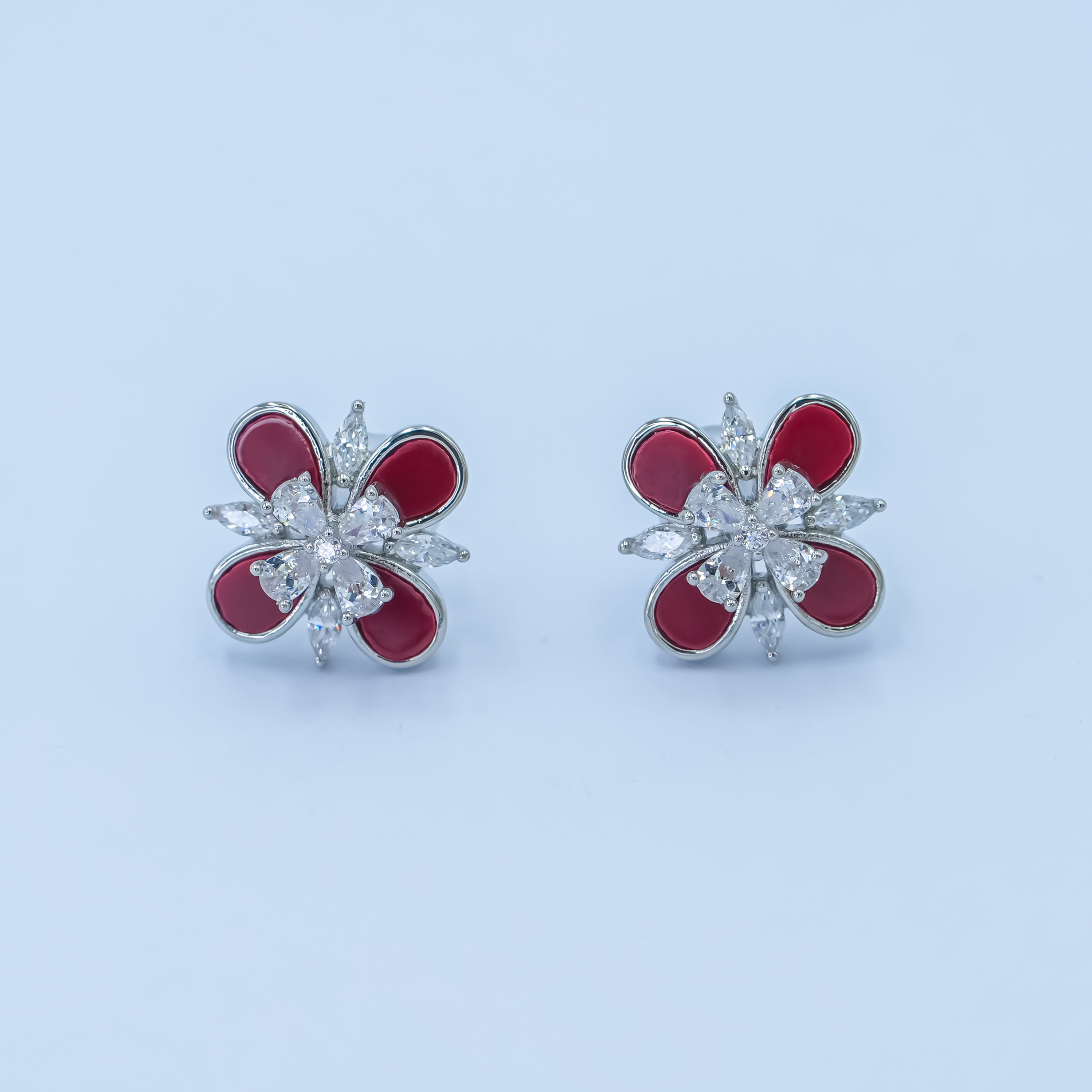 24K Gold Plated CZ Carnelian Red Flower Stud Earrings in Gold & Silver | AB177 AB178