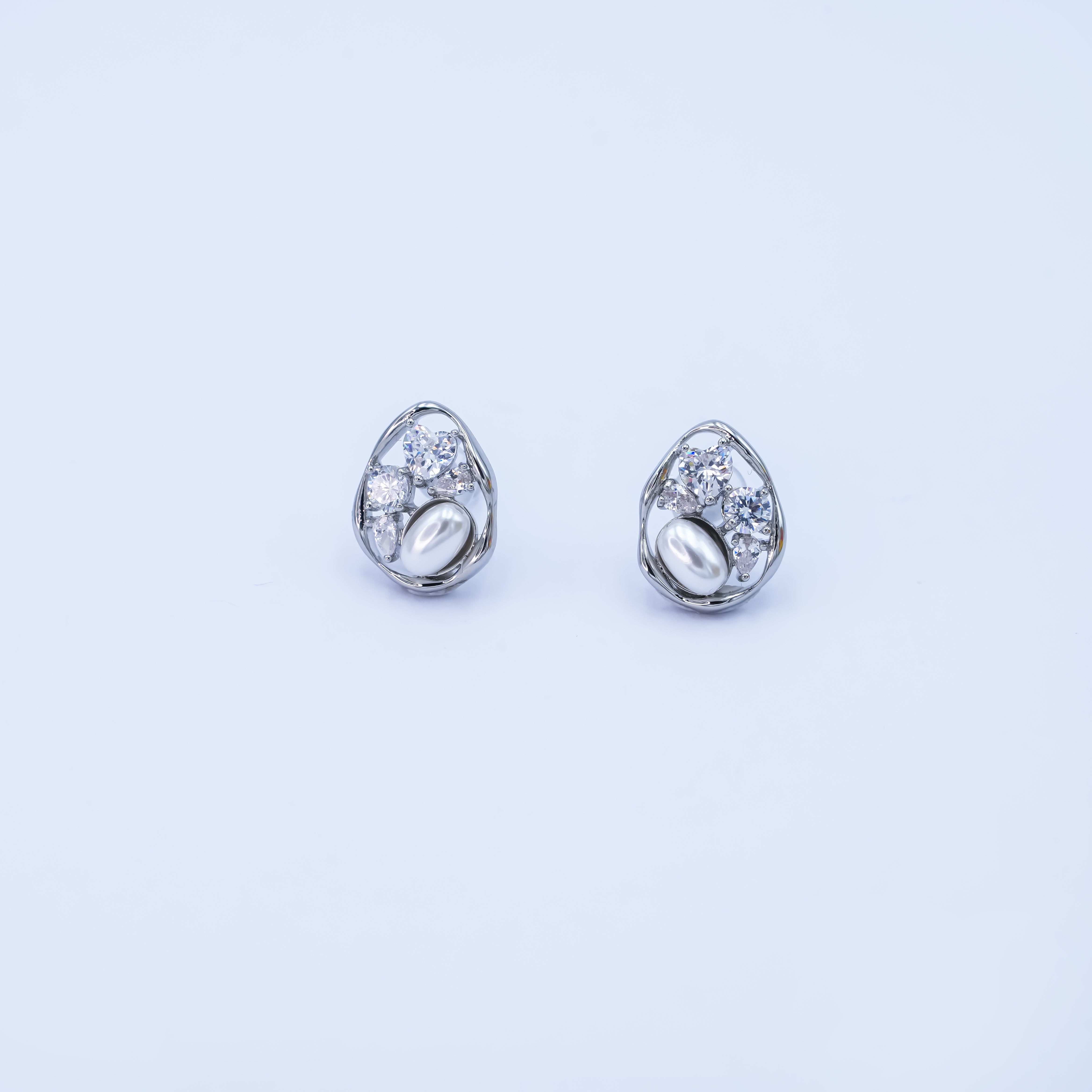 24K Gold Plated Shell Pearl CZ Cluster Teardrop Stud Earrings in Gold & Silver | AB188 AB189