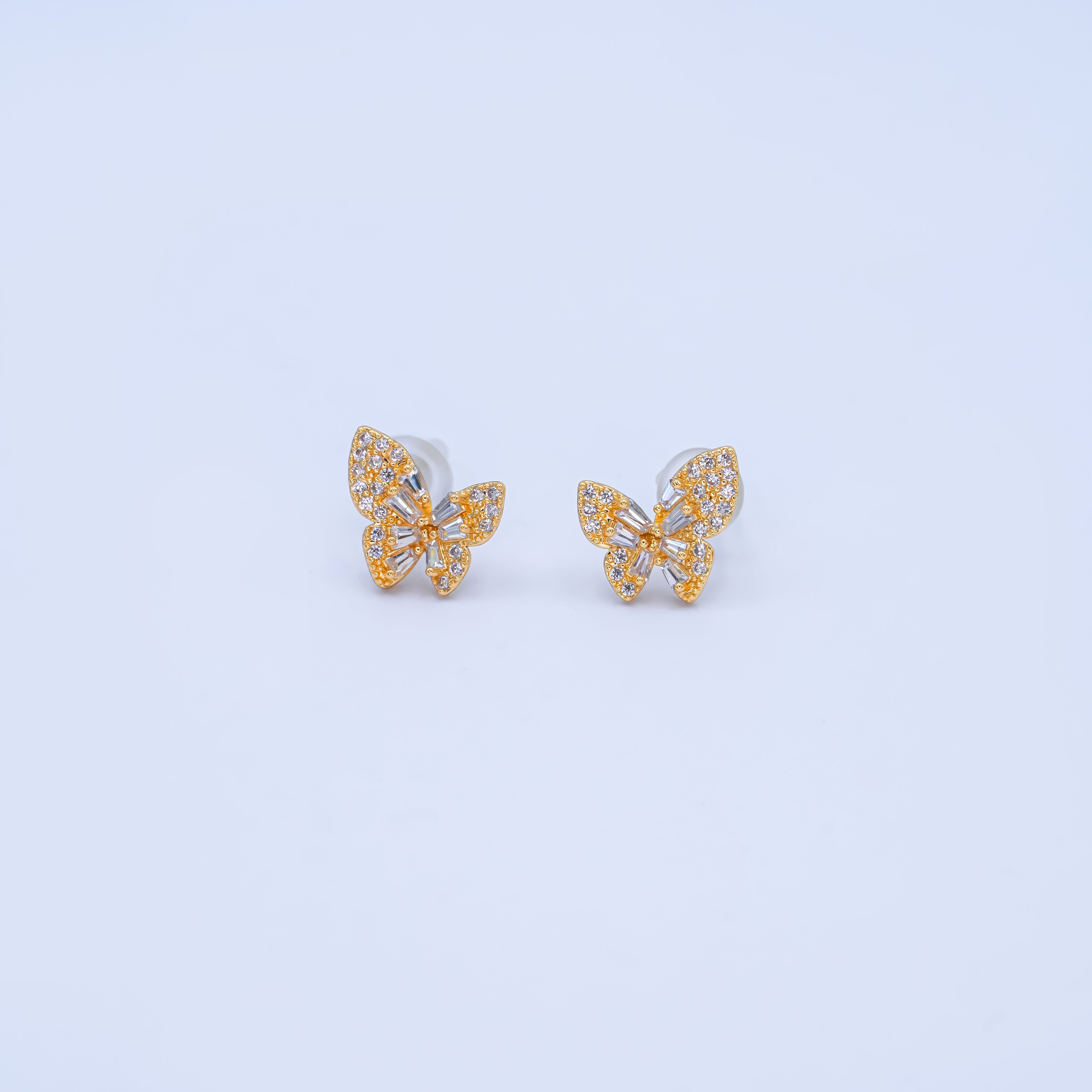 24K Gold Plated Baguette Micro Paved CZ Butterfly Stud Earrings Set in Gold & Silver | AB200 AB221