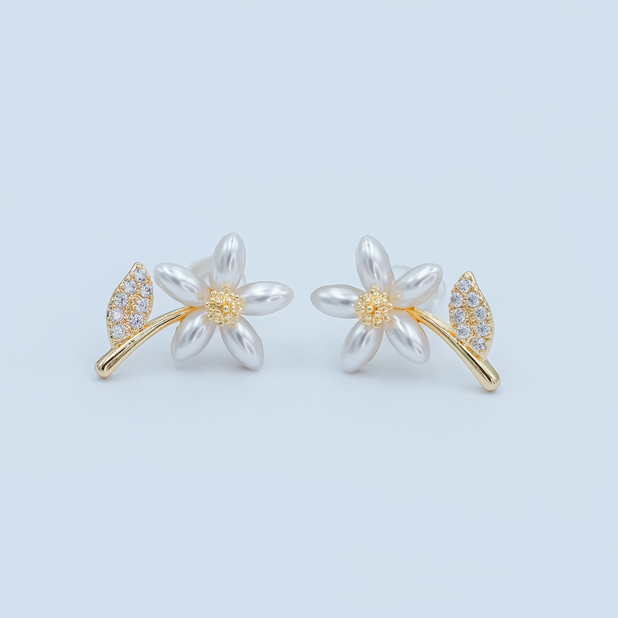 24K Gold Plated Shell Pearl Micro Paved CZ Flower Stud Earrings in Gold & Silver | AB201 AB202