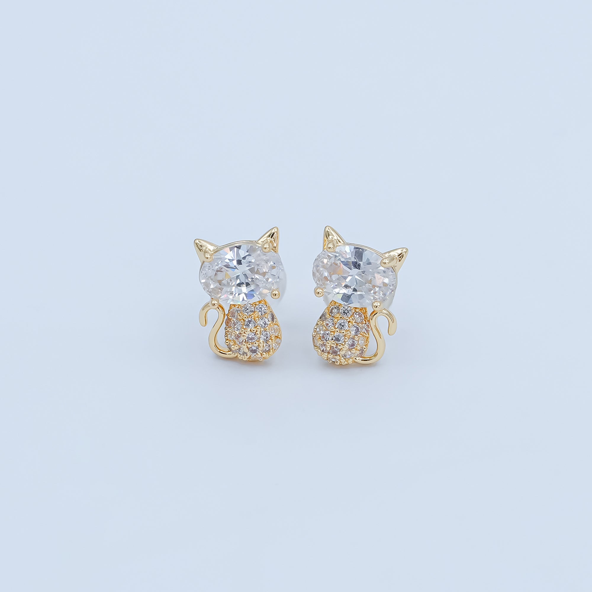 24K Gold Plated Micro Paved CZ Kitten Cat Stud Earrings Set in Gold & Silver | AB222 AB223