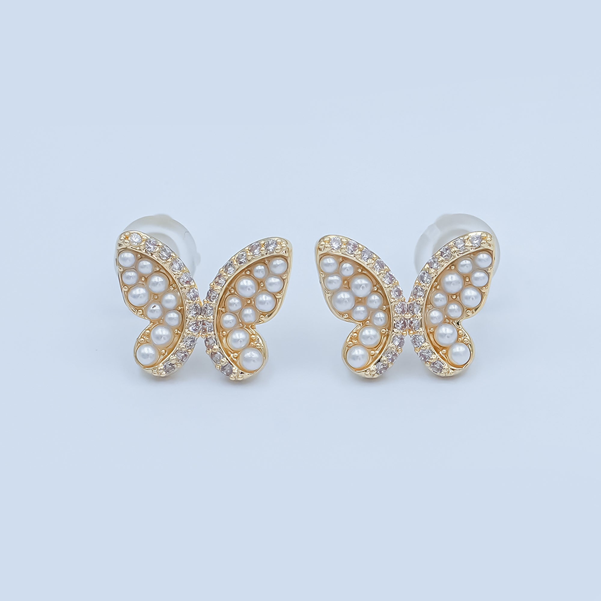 24K Gold Plated Micro Paved CZ Shell Pearl Butterfly Stud Earrings Set in Gold & Silver | AB263 AB264
