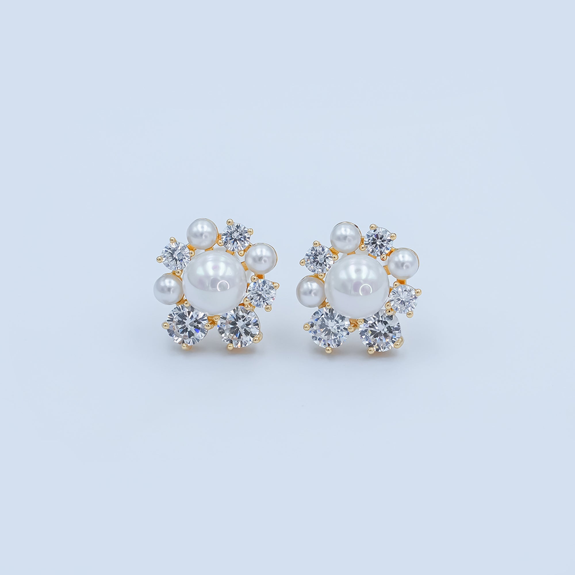 24K Gold Plated Shell Pearl CZ Cluster Flower Stud Earrings in Gold & Silver | AB265 AB288
