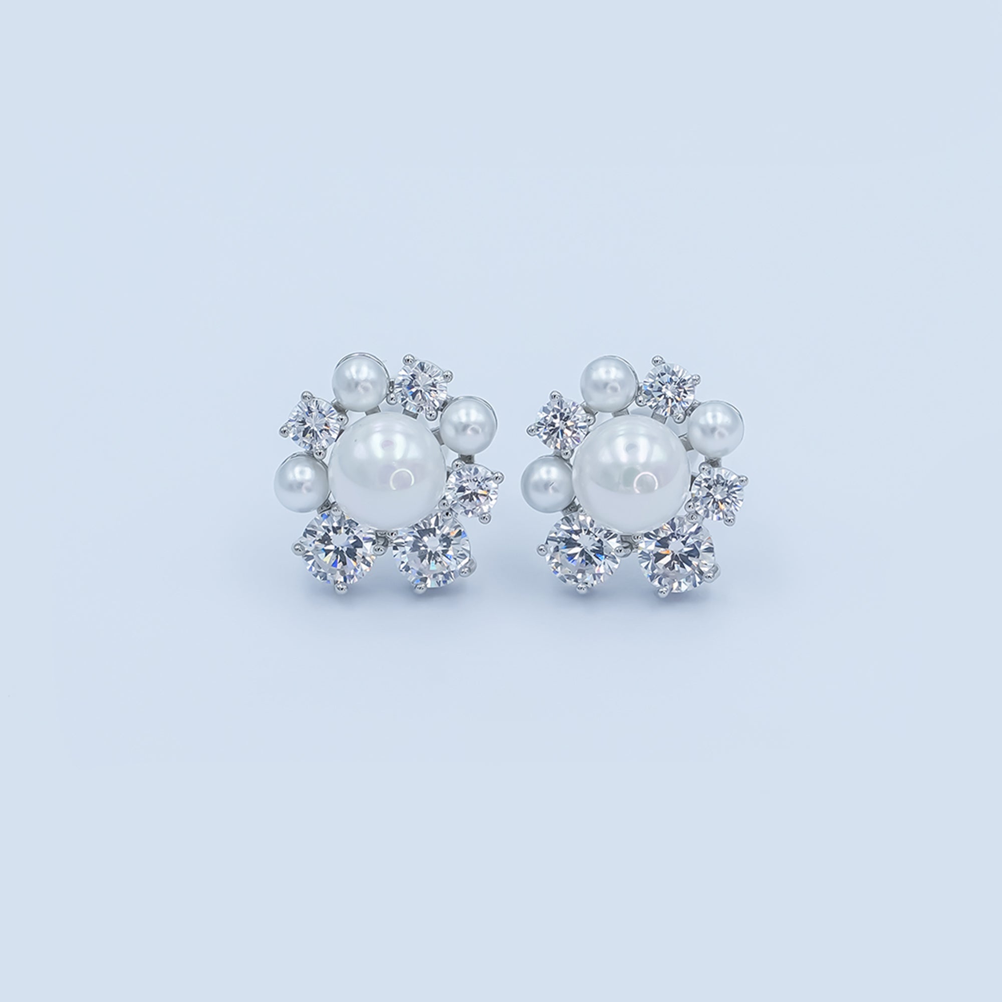 24K Gold Plated Shell Pearl CZ Cluster Flower Stud Earrings in Gold & Silver | AB265 AB288