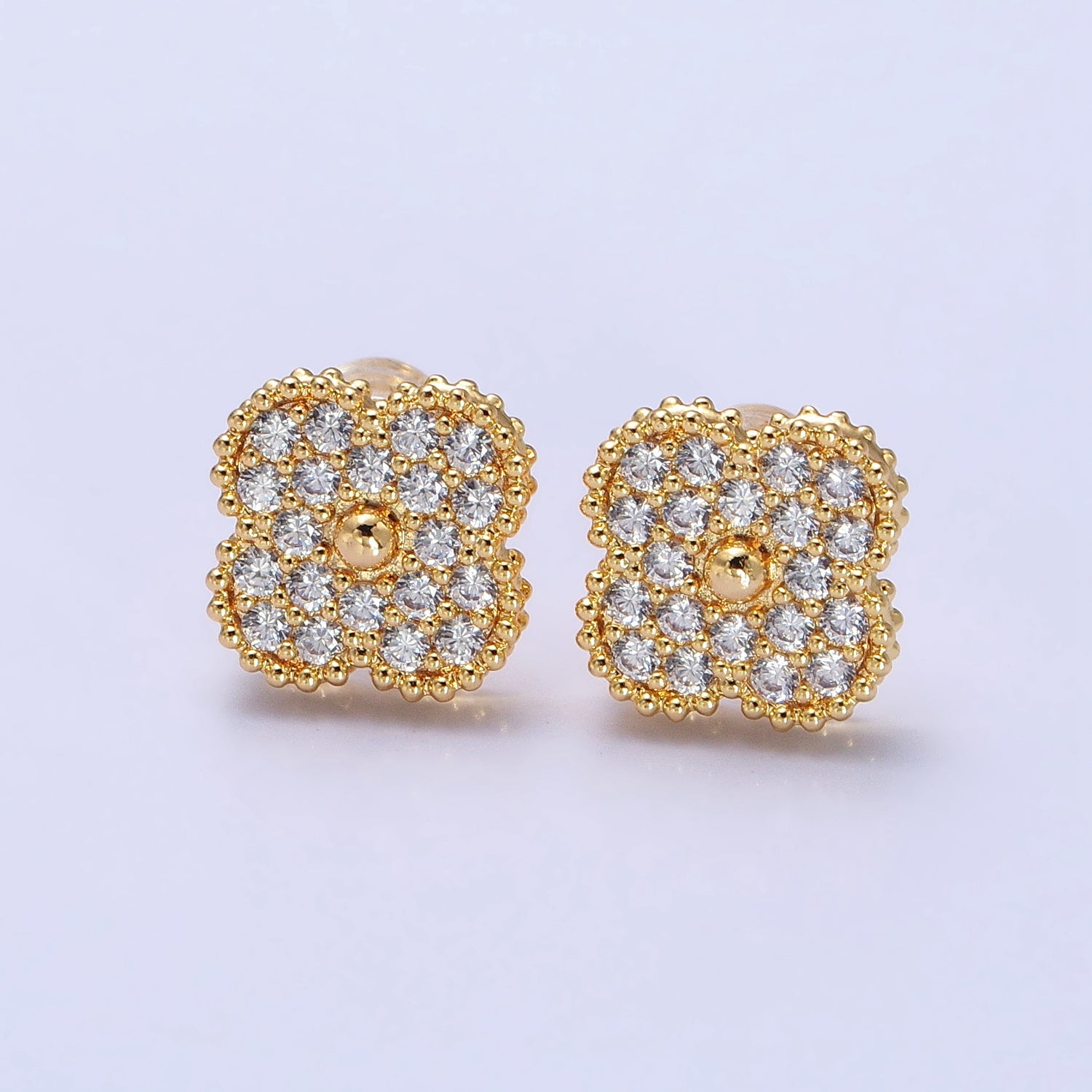 OS 16K Gold Filled Clear Micro Paved CZ Clover Quatrefoil Stud Earrings in Gold & Silver | AB360 AB361