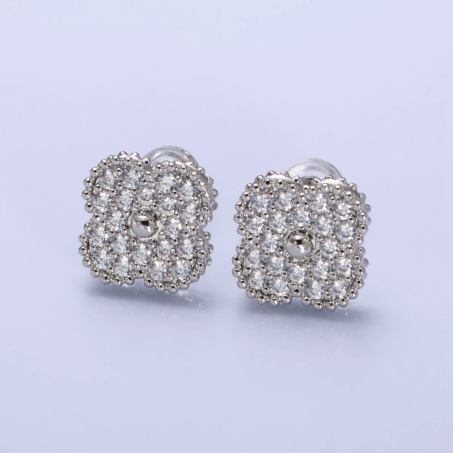 OS 16K Gold Filled Clear Micro Paved CZ Clover Quatrefoil Stud Earrings in Gold & Silver | AB360 AB361