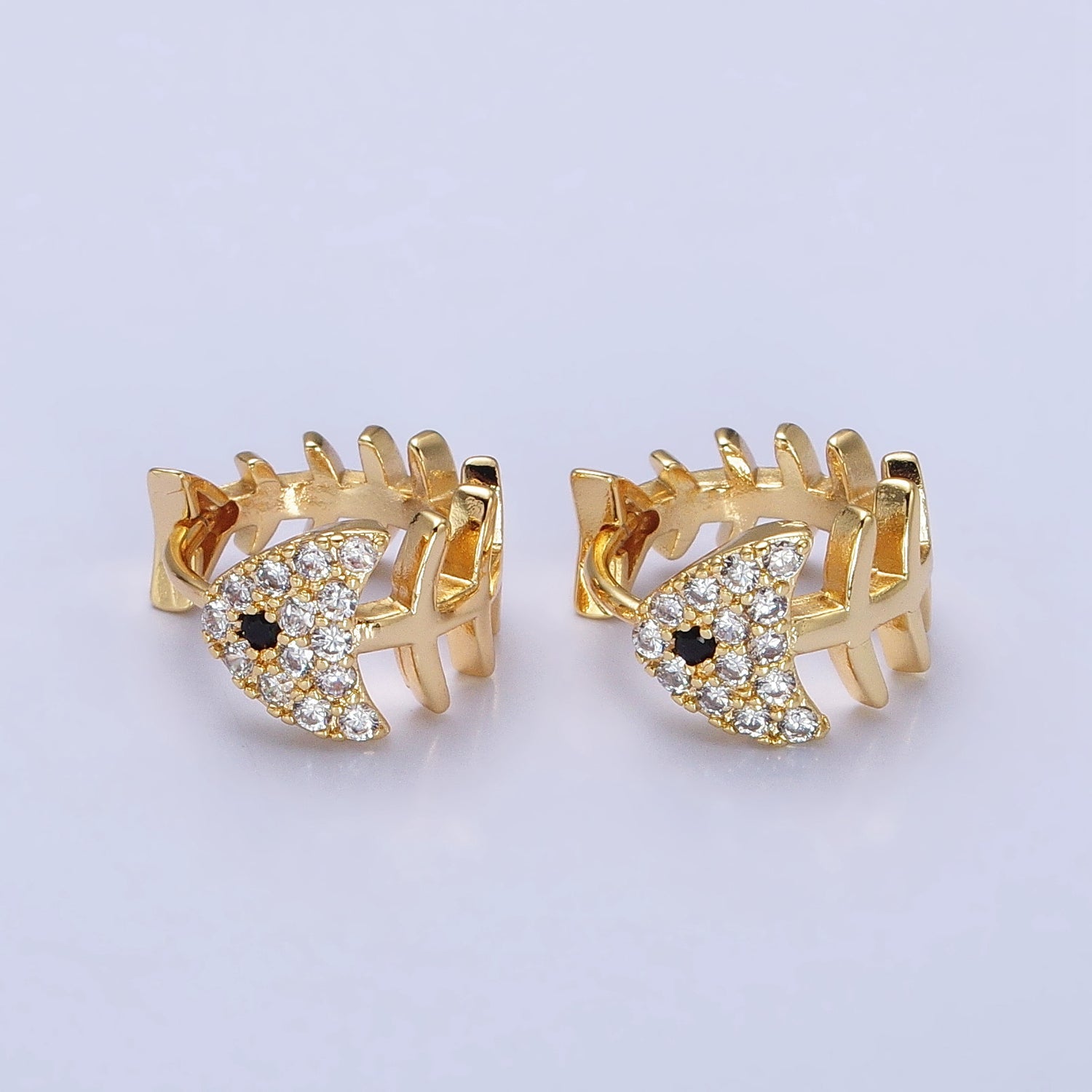 Gold, Silver Black-Eyed Ocean Fish Bone Micro Paved CZ 13mm Huggie Earrings | AB457 AB461
