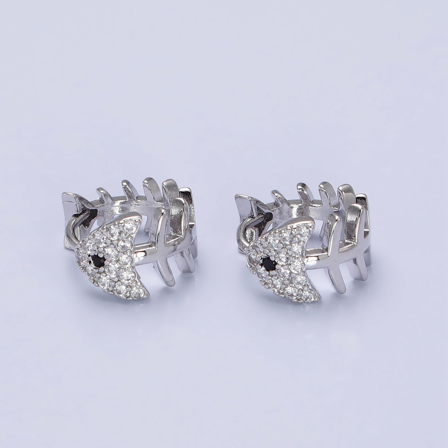 Gold, Silver Black-Eyed Ocean Fish Bone Micro Paved CZ 13mm Huggie Earrings | AB457 AB461