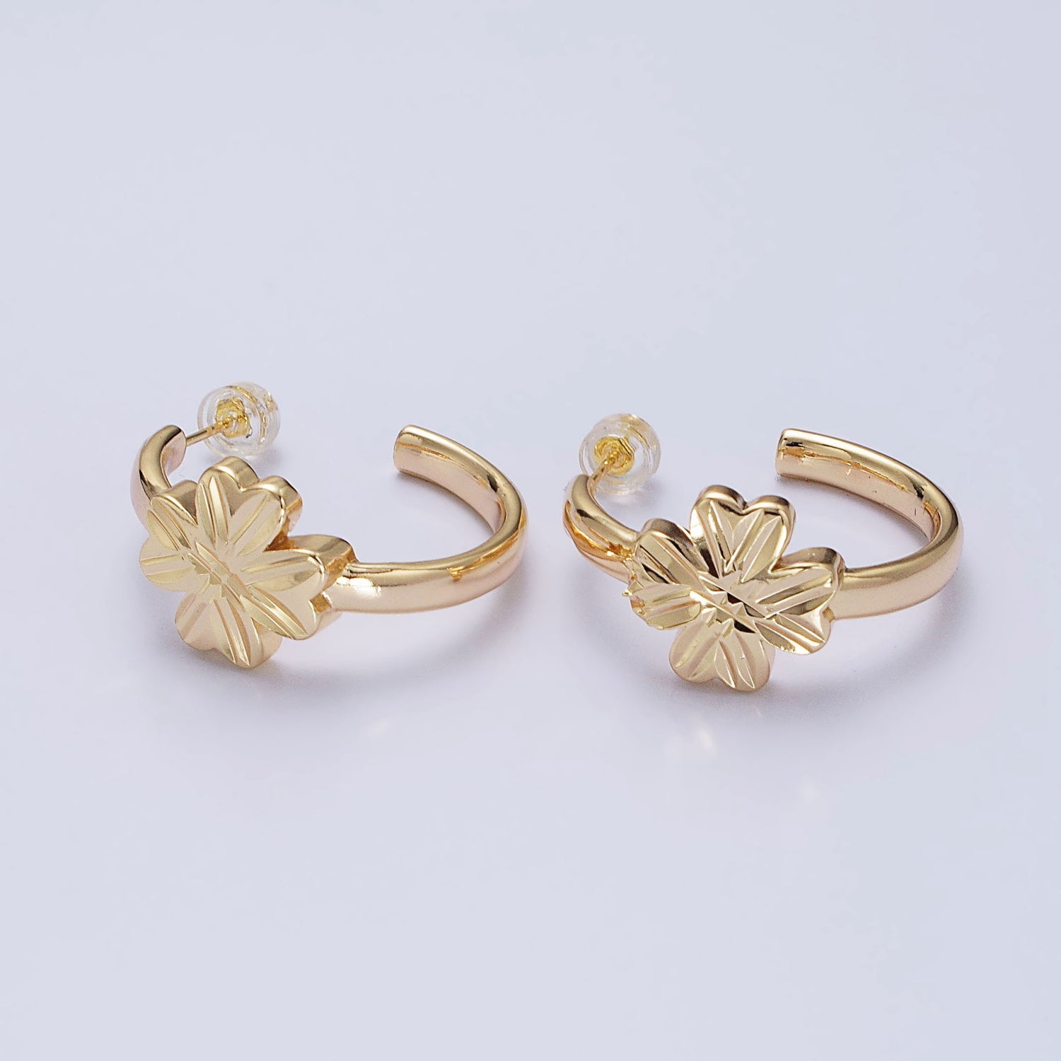 16K Gold Filled Clover Quatrefoil 30mm C-Shaped Hoop Earrings in Gold & Silver | AB473 AB474