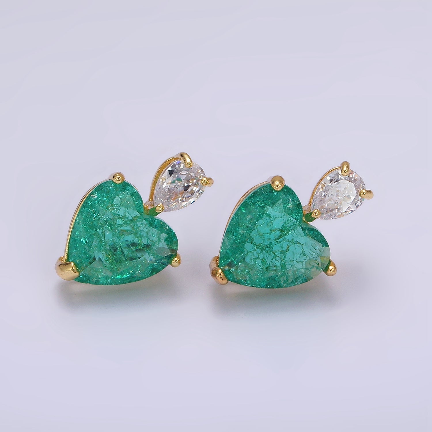 14K Gold Filled Green Heart CZ Teardrop Stud Earrings | AB484 - DLUXCA