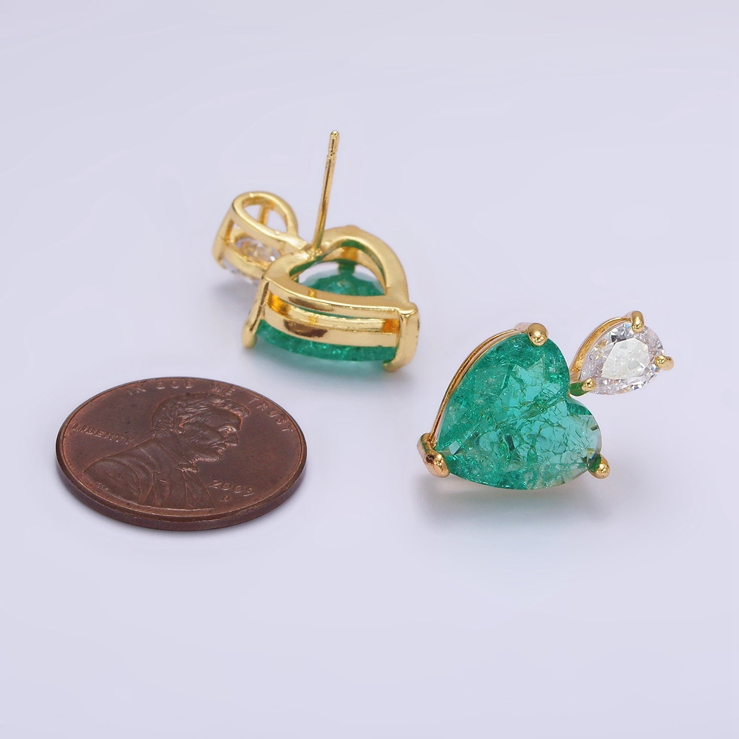 14K Gold Filled Green Heart CZ Teardrop Stud Earrings | AB484 - DLUXCA