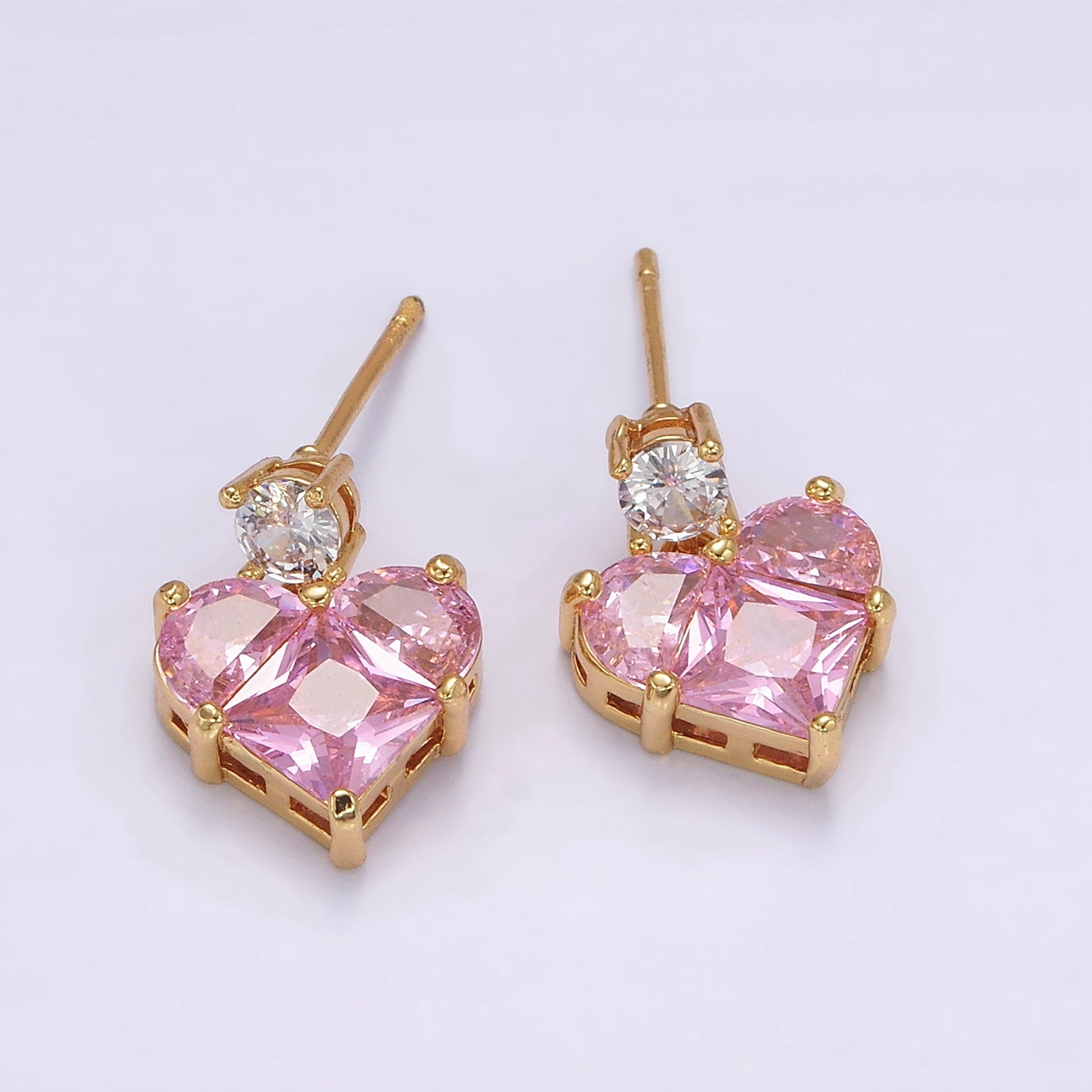 14K Gold Filled Pink Pixelated CZ Heart Drop Stud Earrings | AB485 - DLUXCA