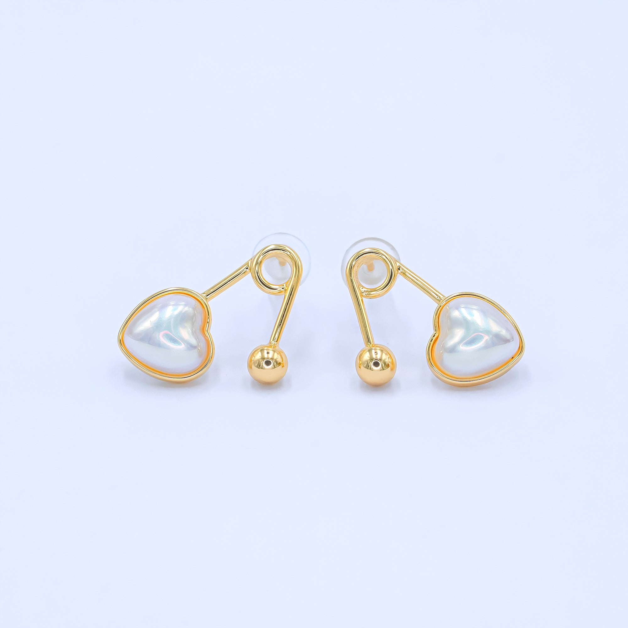 24K Gold Plated White Shell Pearl Heart Safety Pin Earrings Set in Gold & Silver | AB565 AB591