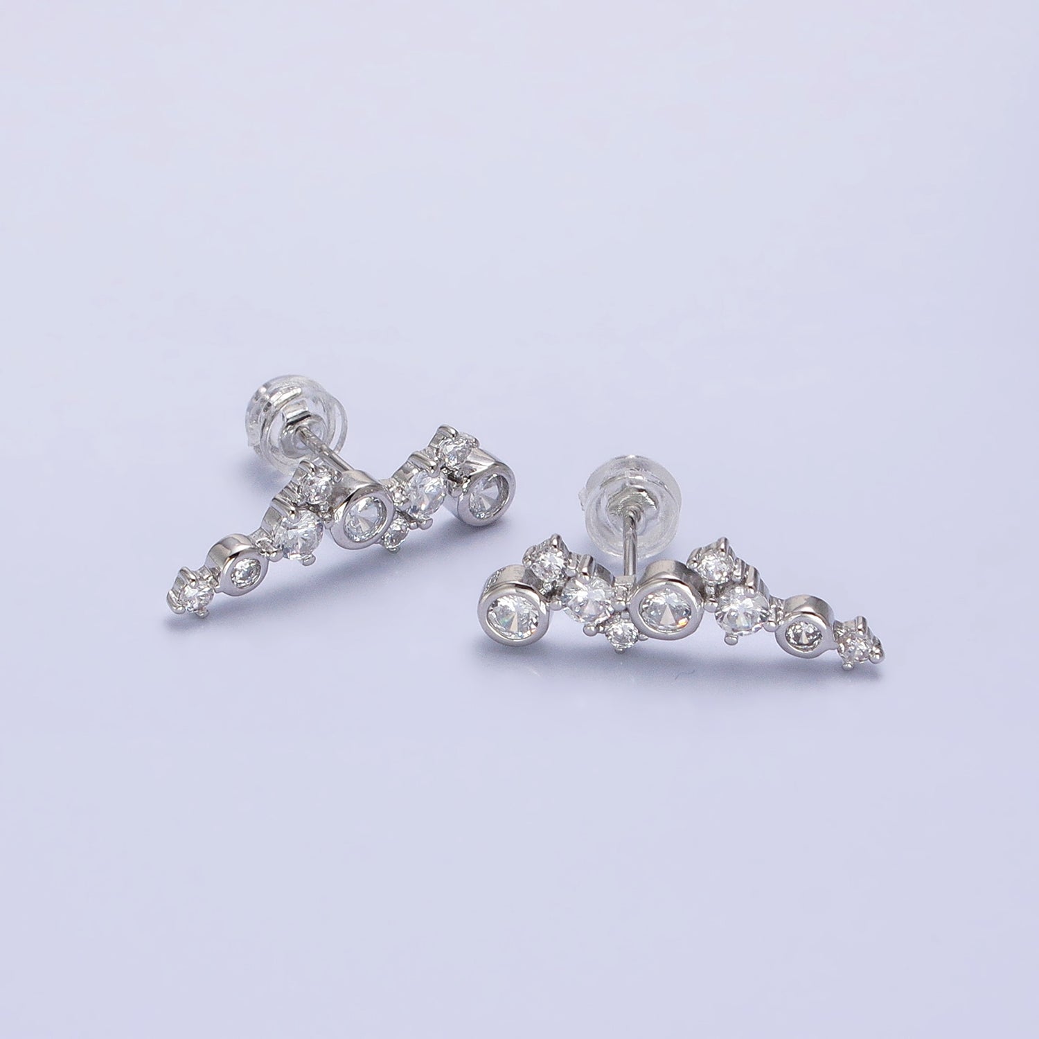 Gold, Silver Round Clear Bezel CZ Stars Abstract Lined Stud Earrings | AB578 AB579