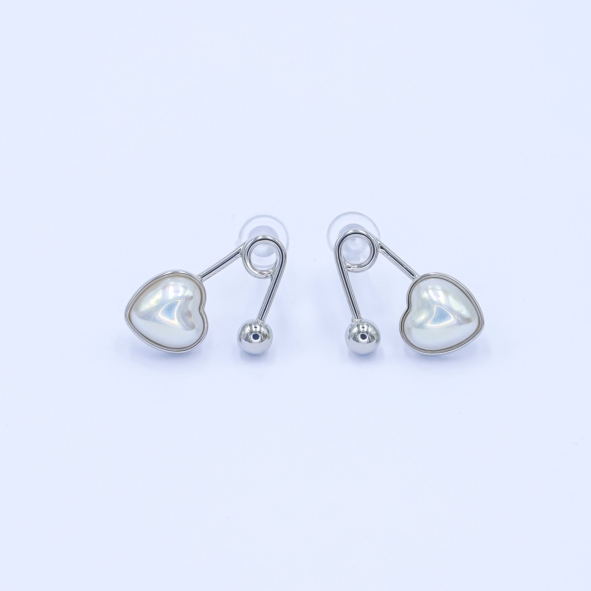 24K Gold Plated White Shell Pearl Heart Safety Pin Earrings Set in Gold & Silver | AB565 AB591