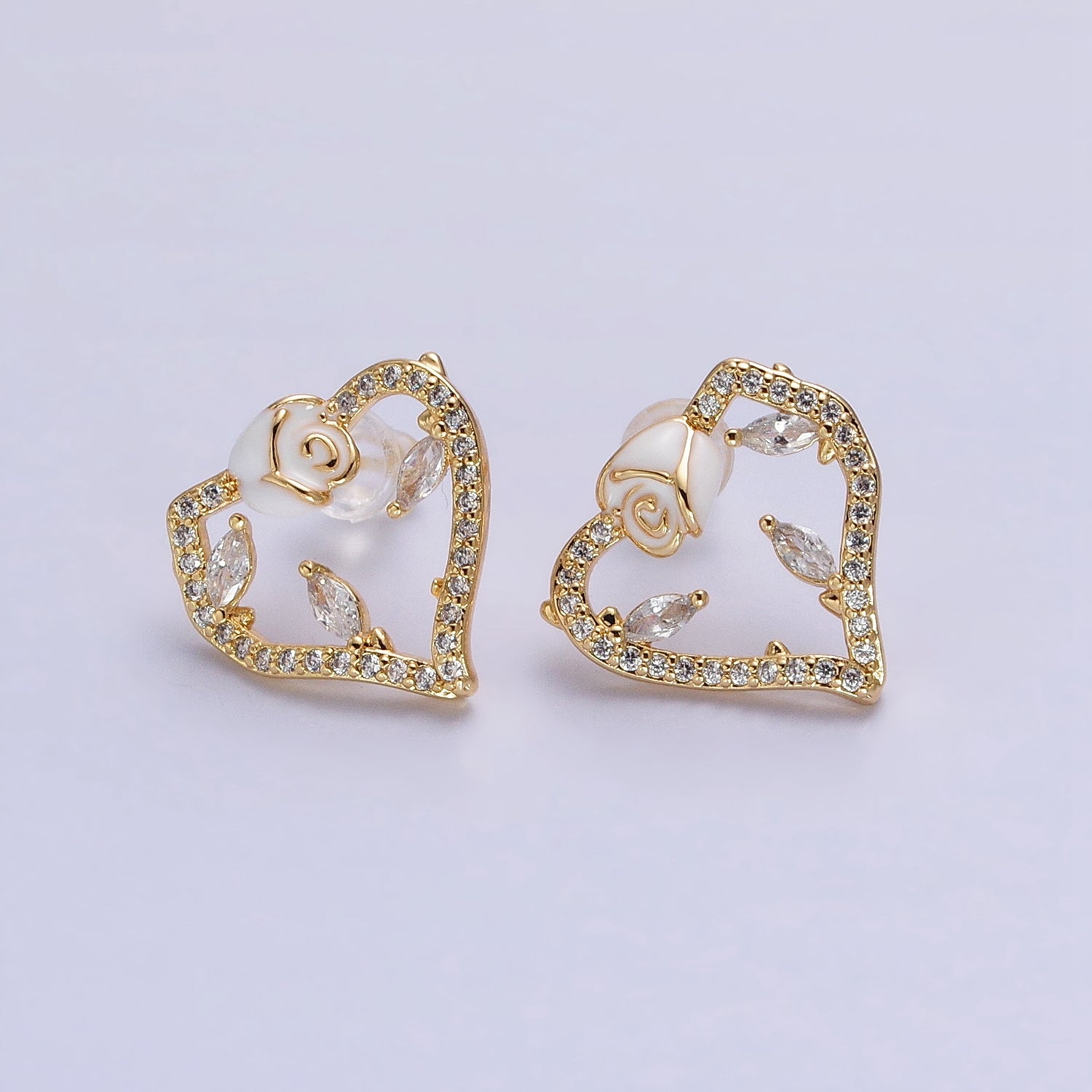 Gold, Silver Micro Paved CZ Geometric Heart White Rose Flower Stud Earrings | AB599 AB600