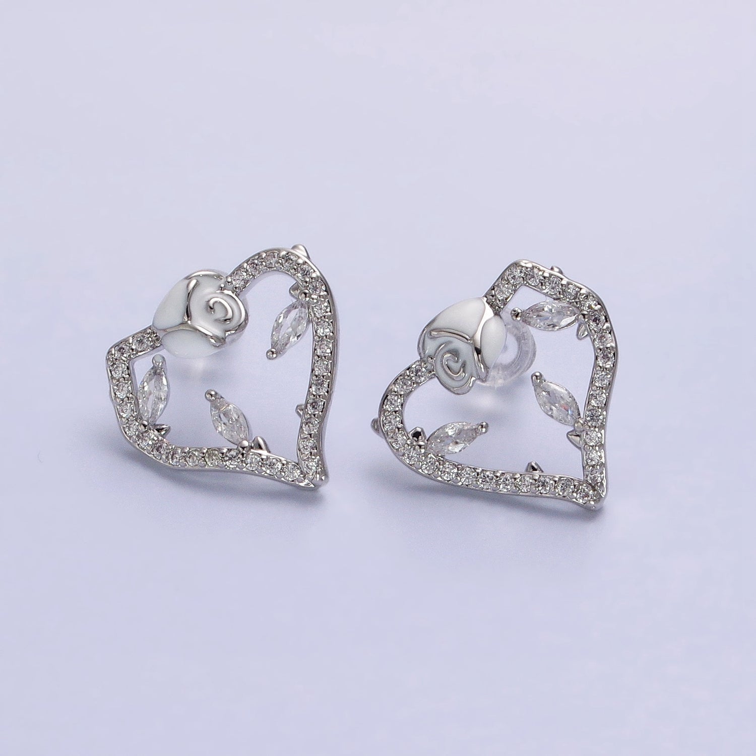 Gold, Silver Micro Paved CZ Geometric Heart White Rose Flower Stud Earrings | AB599 AB600