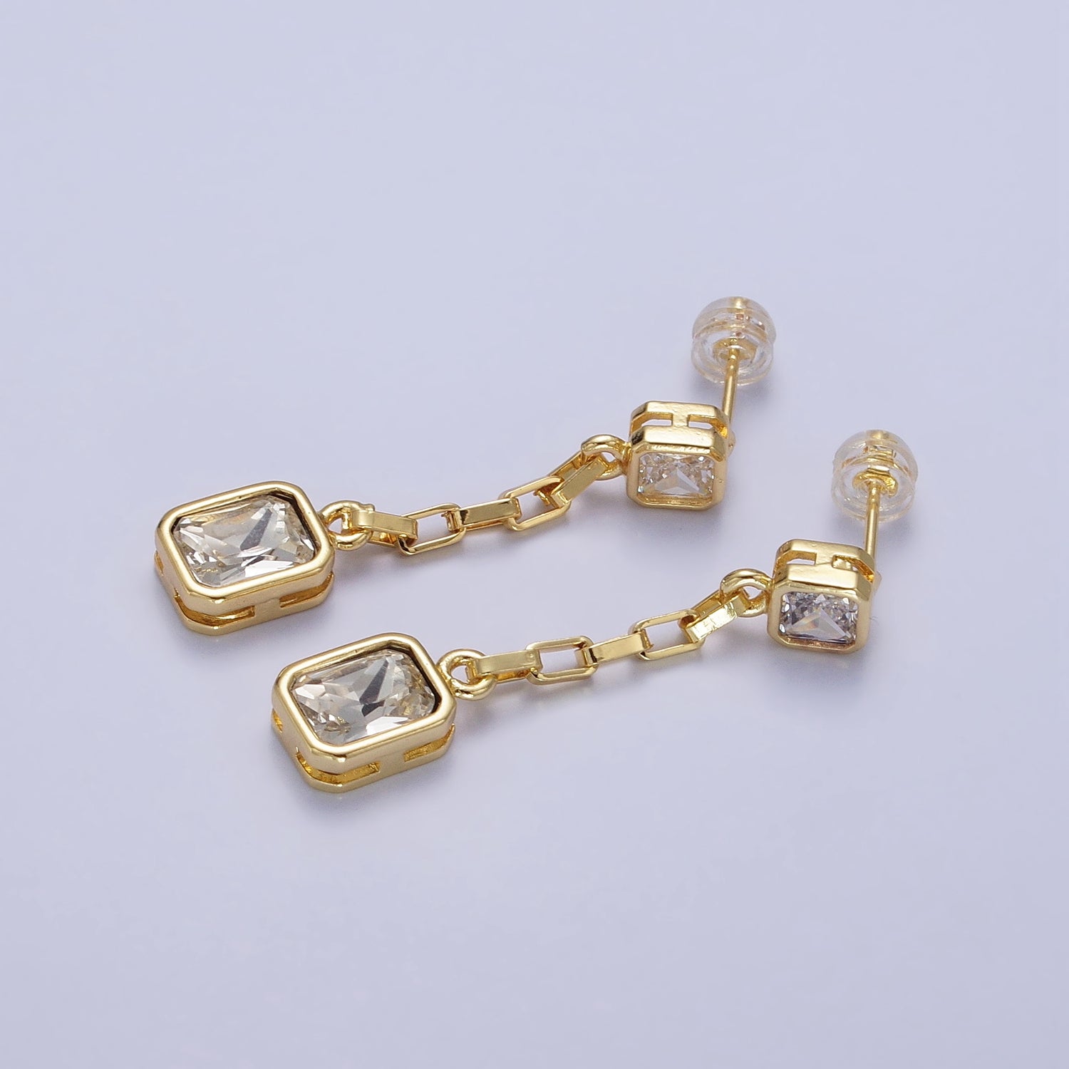 24K Gold Filled Clear, Multicolor Baguette CZ Drop Dangle Stud Earrings in Gold & Silver | AB615 - AB618 - DLUXCA