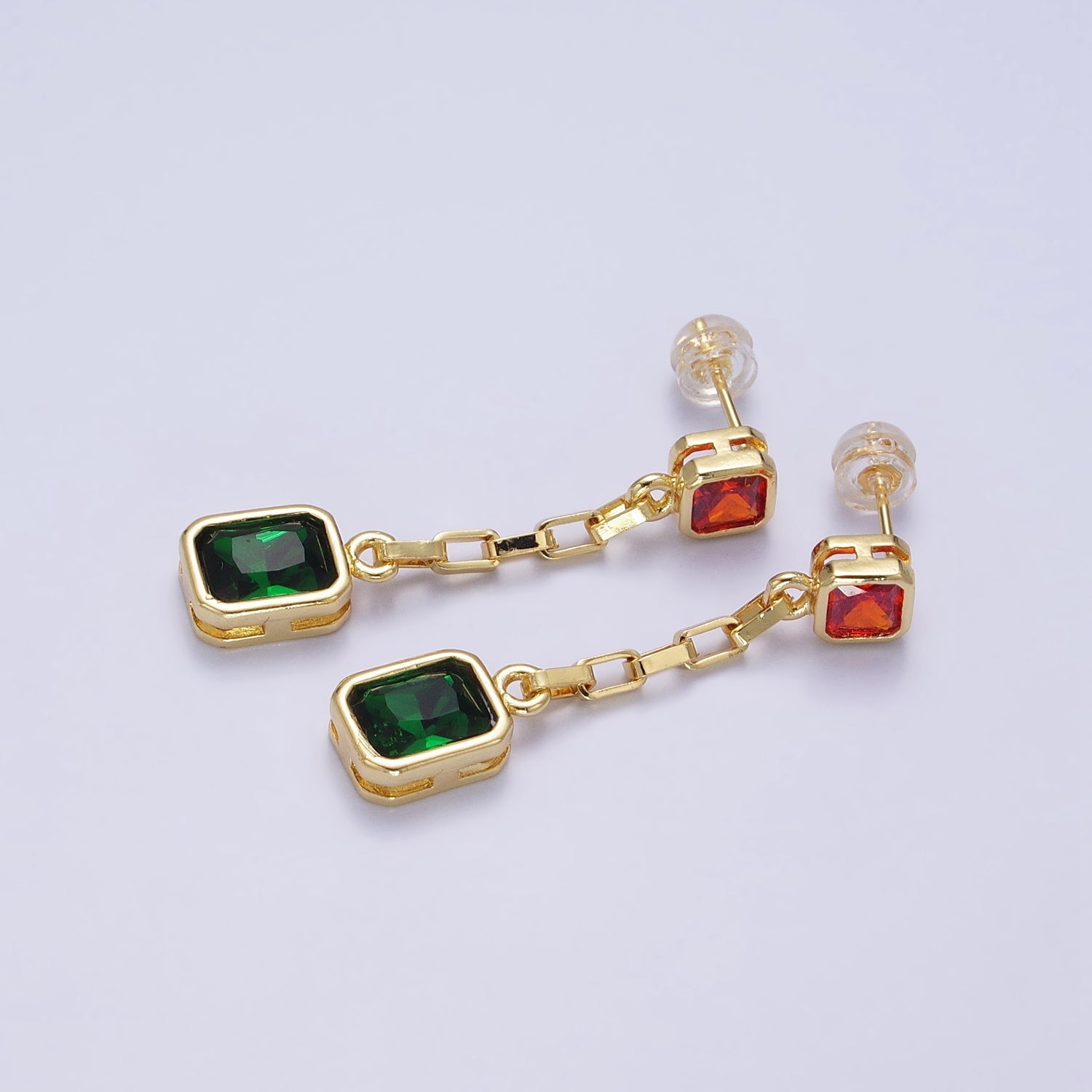 24K Gold Filled Clear, Multicolor Baguette CZ Drop Dangle Stud Earrings in Gold & Silver | AB615 - AB618